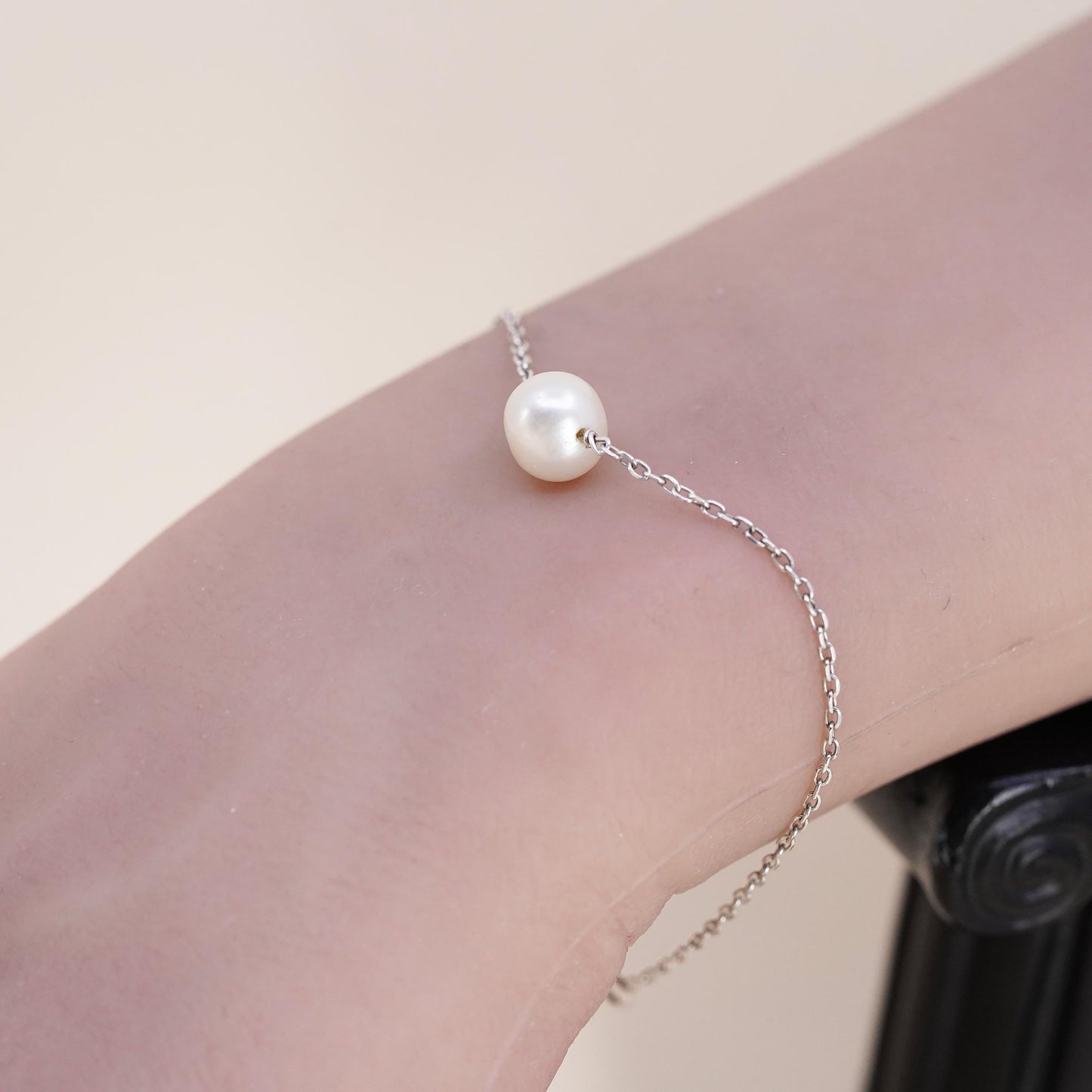 6+1”, Vintage handmade bracelet, circle chain with 7mm freshwater pearl bead