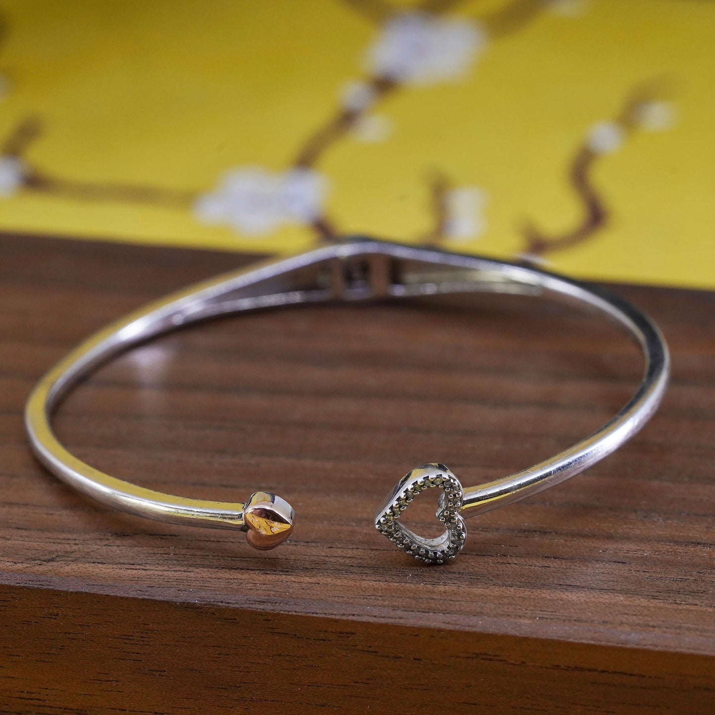 6.25”, Sterling silver 10K rose gold heart bracelet, 925 cuff cluster diamonds