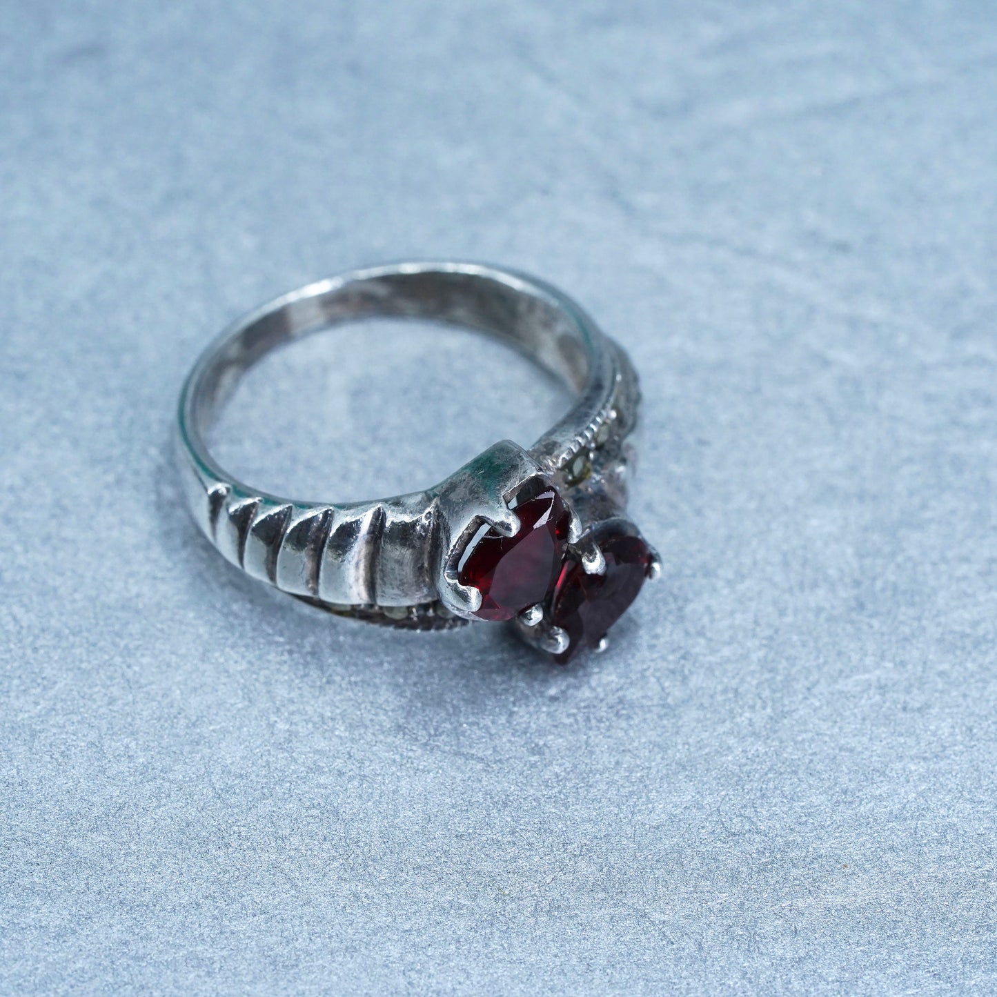 Size 7.5, designer Sterling 925 silver handmade statement ring ruby marcasite