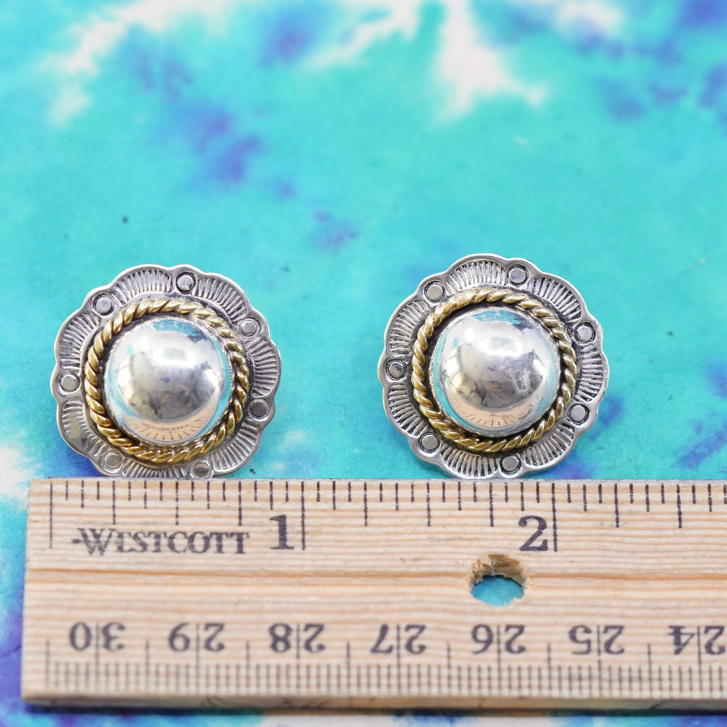 two tone Mexico Sterling silver handmade earrings, 925 flower studs brass cable