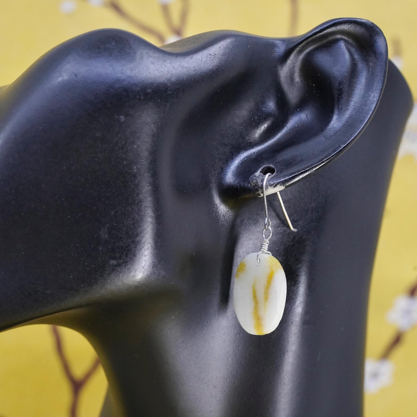 Vintage Sterling 925 silver handmade earrings with oval jade