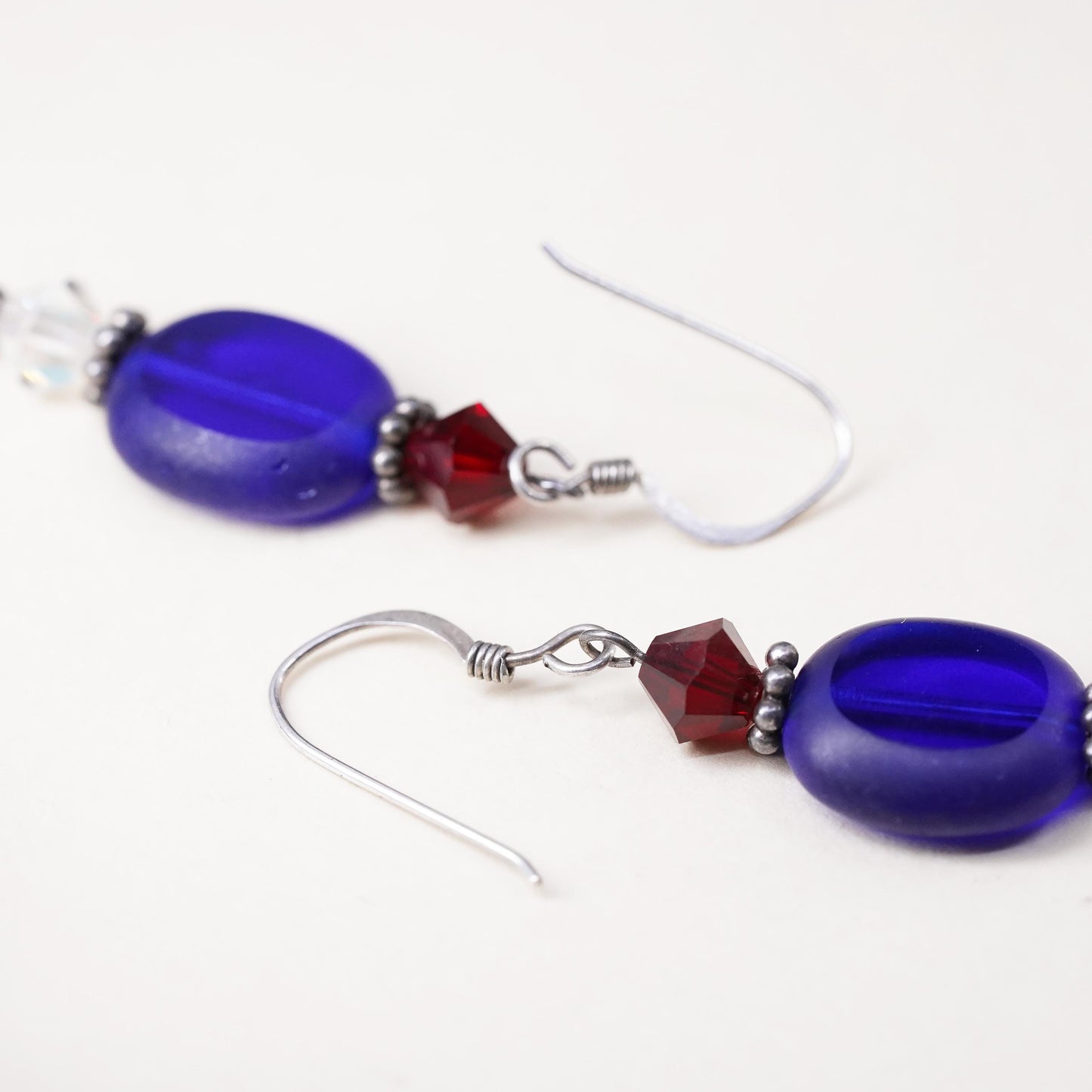 VTG Sterling silver handmade earrings, 925 hooks blue artisan glass drops ruby