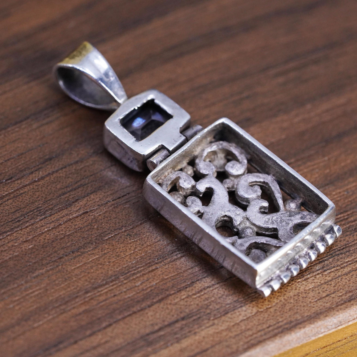 Vintage Sterling silver handmade pendant, 925 filigree rectangular with topaz