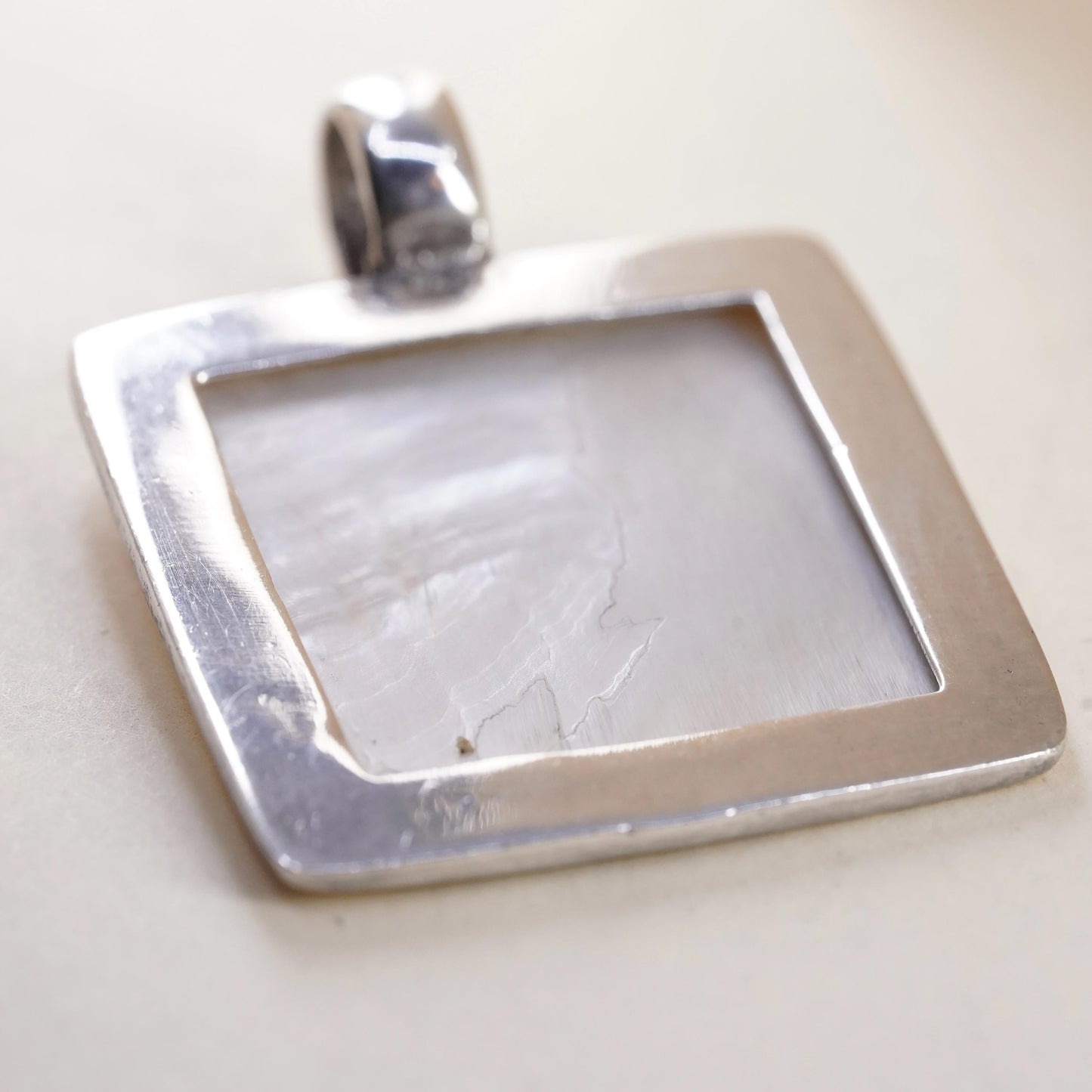 Vintage sterling 925 silver handmade square pendant with mother of pearl inlay