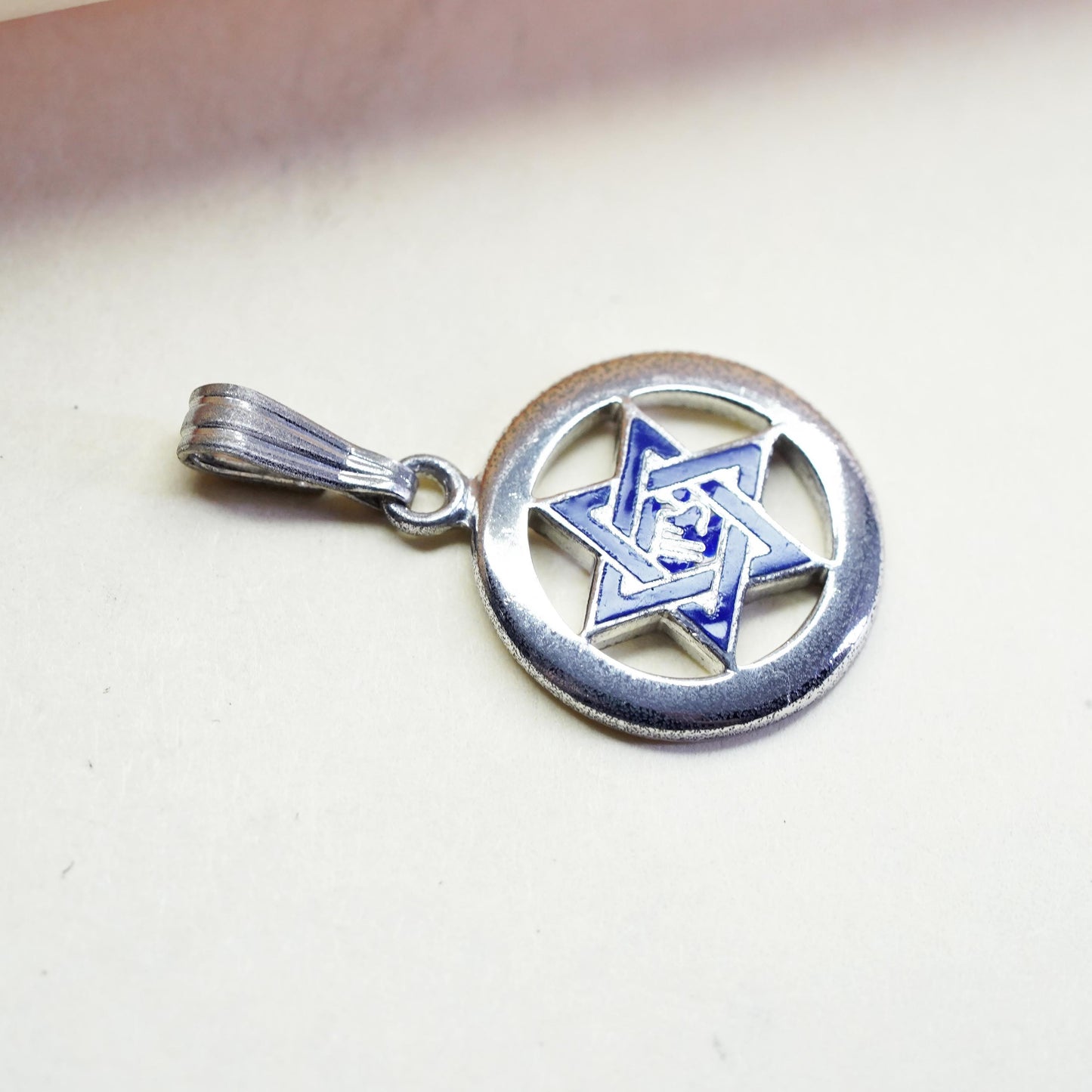 Vintage Sterling silver 925 hexagram star pendant with blue enamel, stamped sterling