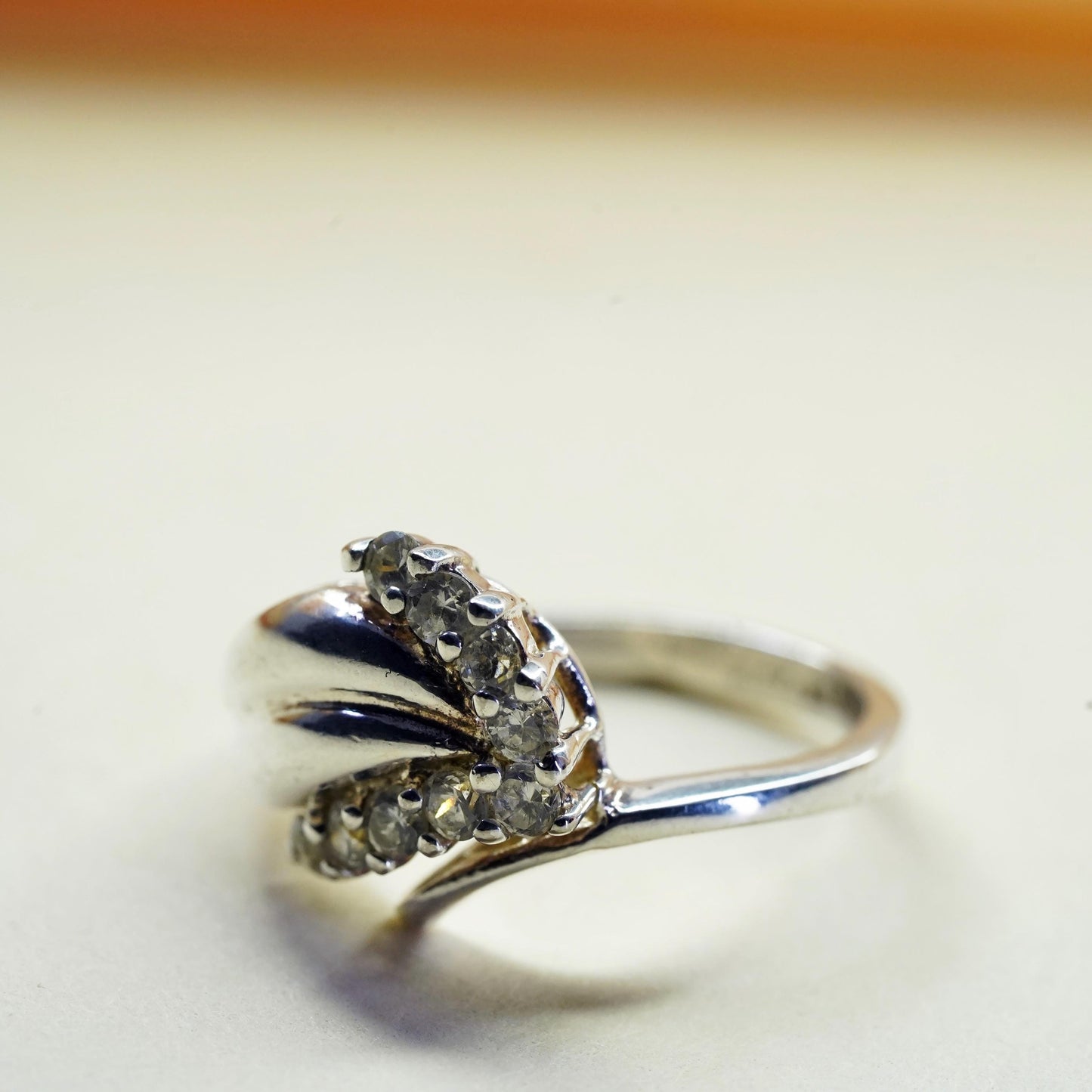 Size 6, vintage sterling 925 silver wavy band ring with CZ details