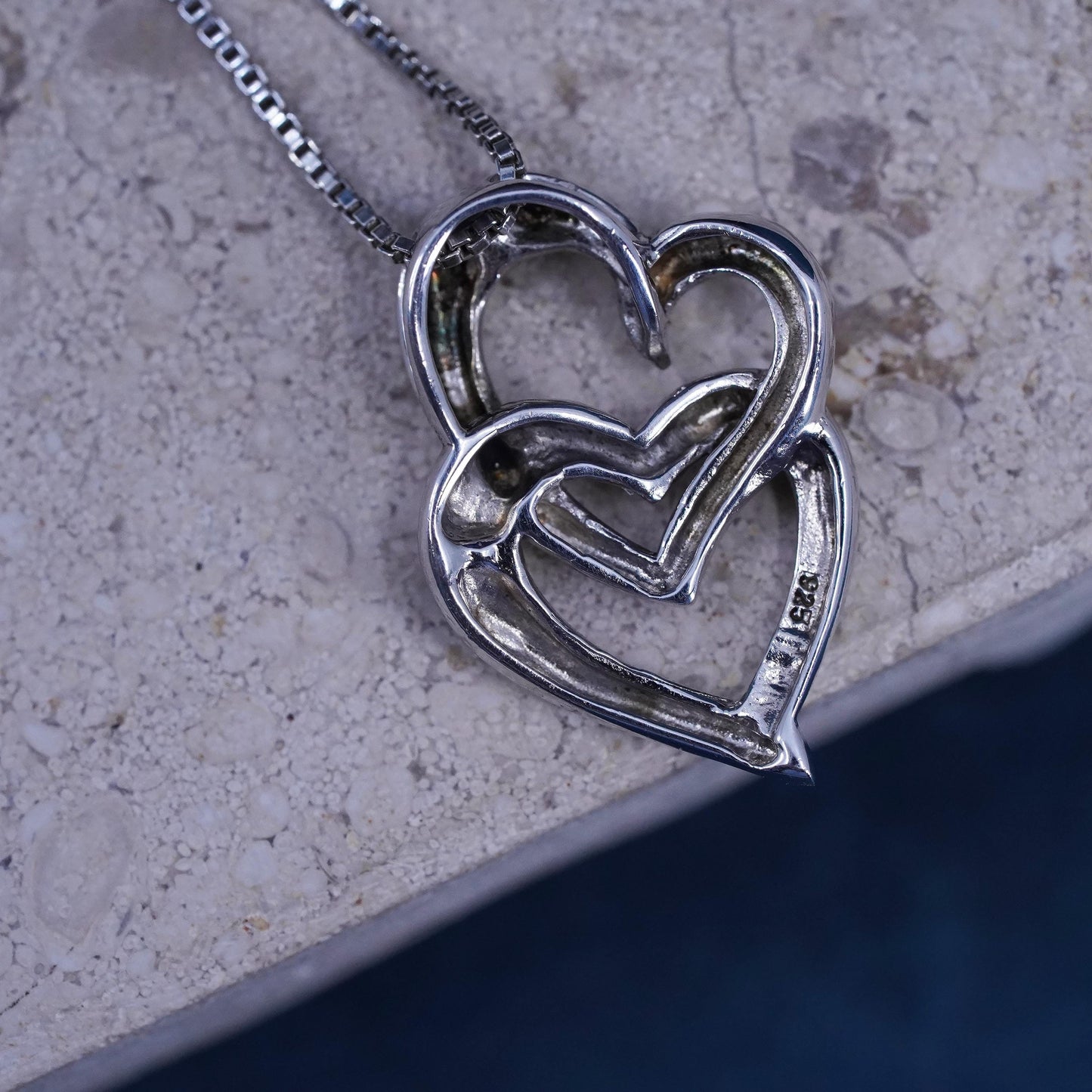 18", Sterling silver necklace, 925 box chain double ruby topaz heart pendant