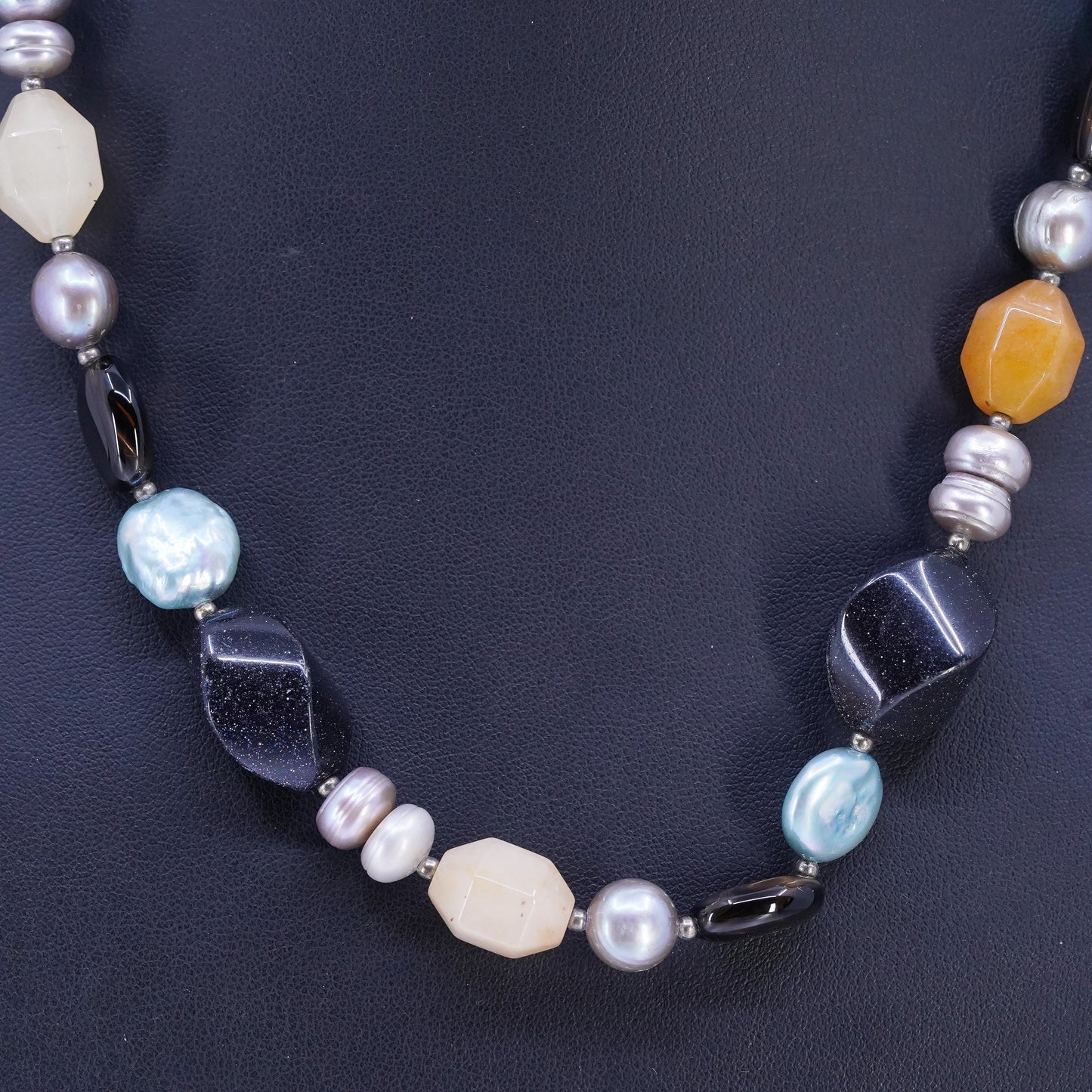 18", vintage Sterling 925 silver necklace with pearl citrine goldstone beads