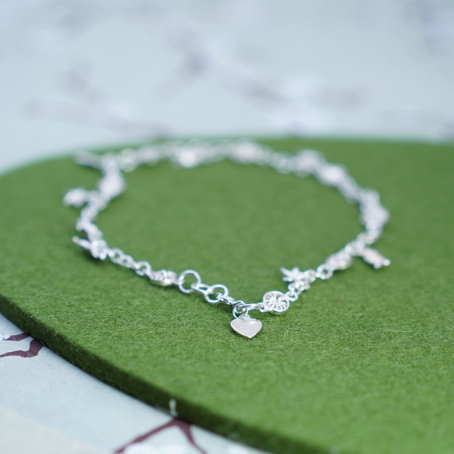9.5”, Borox sterling silver anklet bracelet 925 sun chain bird star heart charm