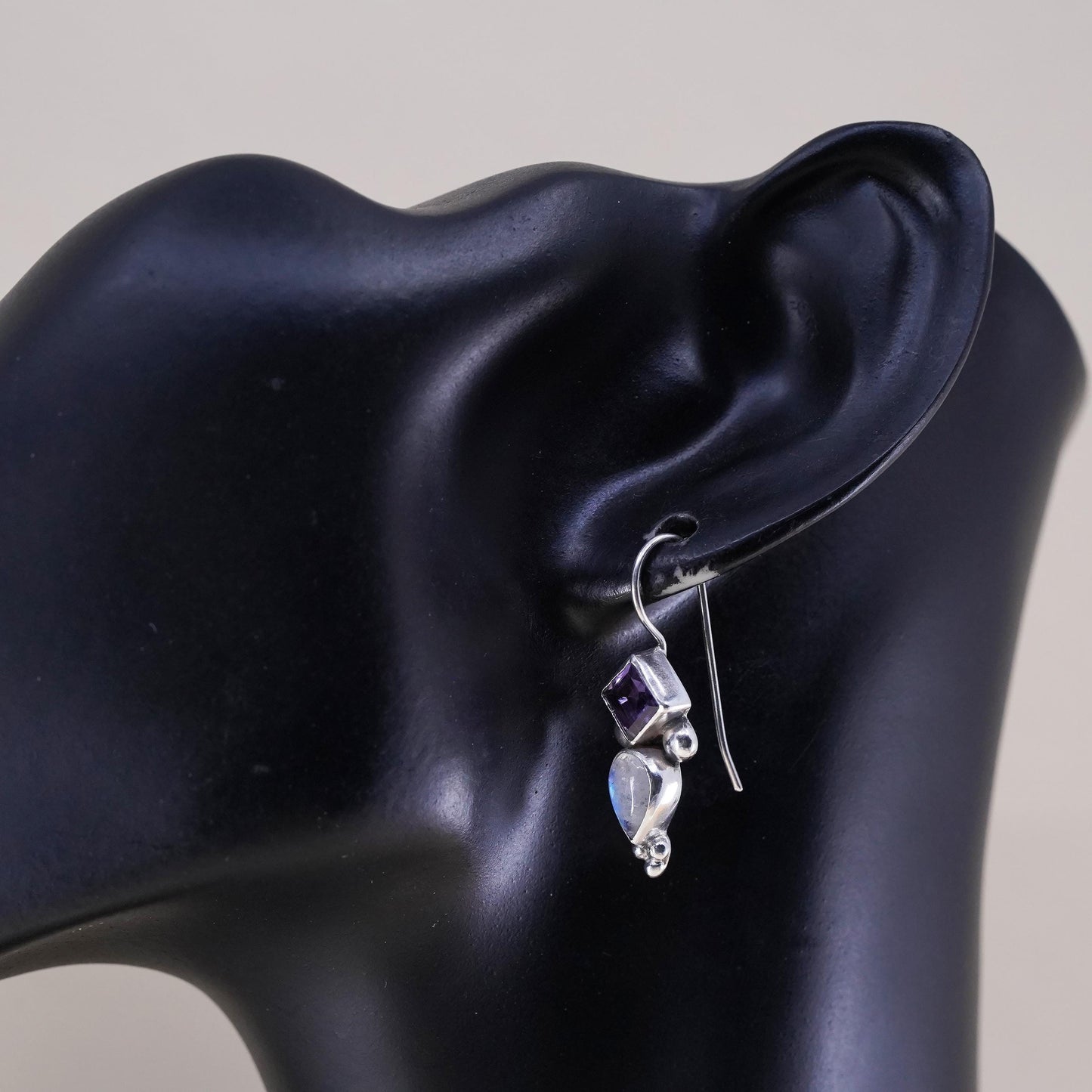 Vintage Sterling 925 silver handmade earrings with amethyst and moonstone