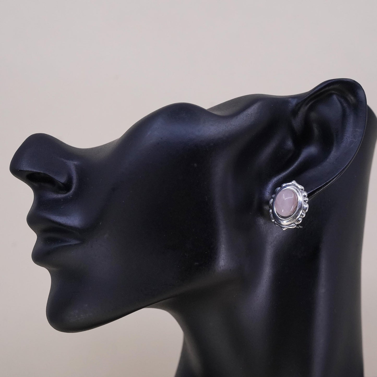 Vintage sterling silver handmade single earring, 925 clip on pink rose quartz