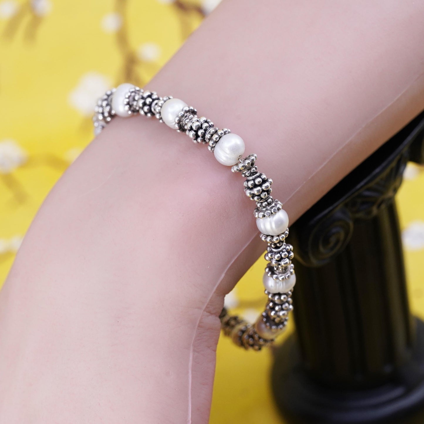 7.5", Vintage Sterling silver handmade bracelet, 925 beaded chain with pearl