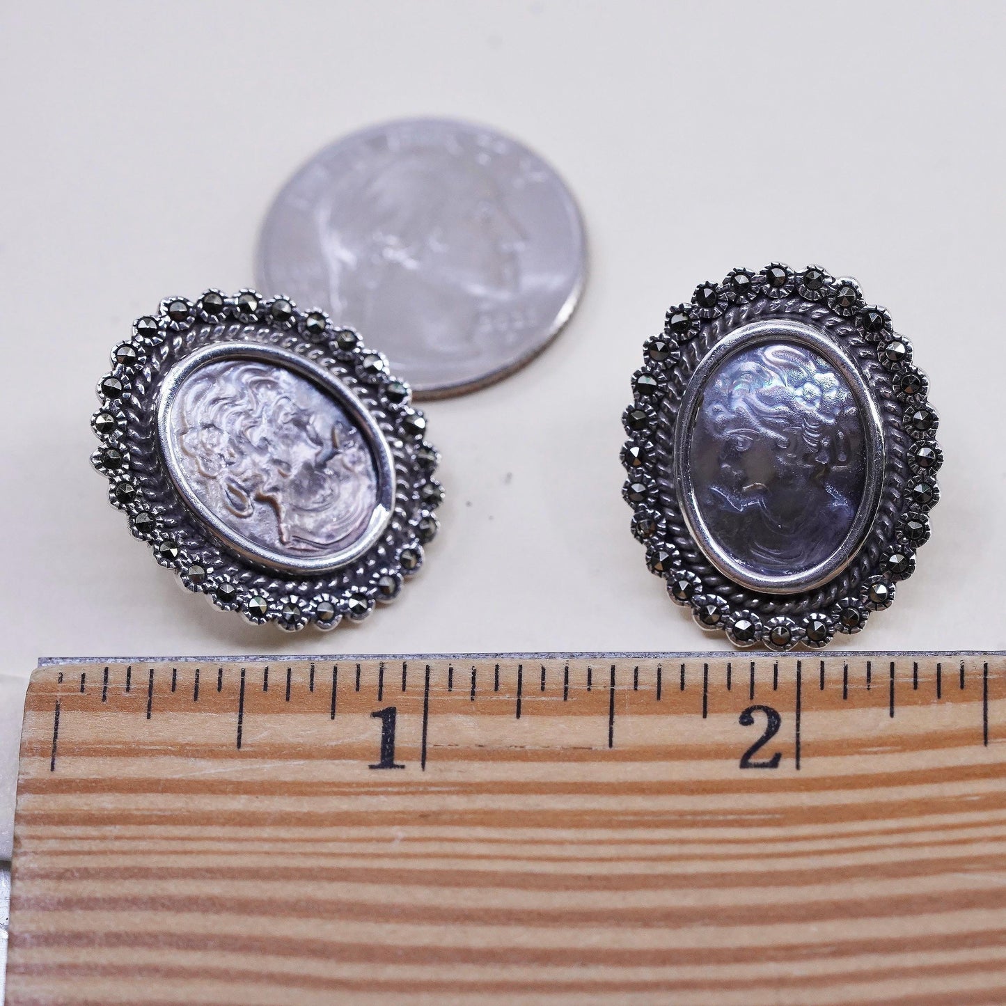 925 Sterling Silver Cameo Earrings, Marcasite Earrings, Mother of Pearl Studs