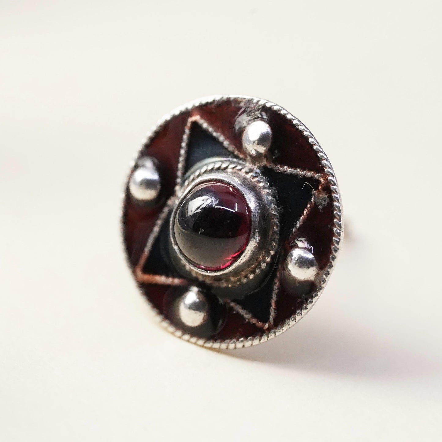 Vintage handmade single earring. Sterling 925 silver stud with garnet