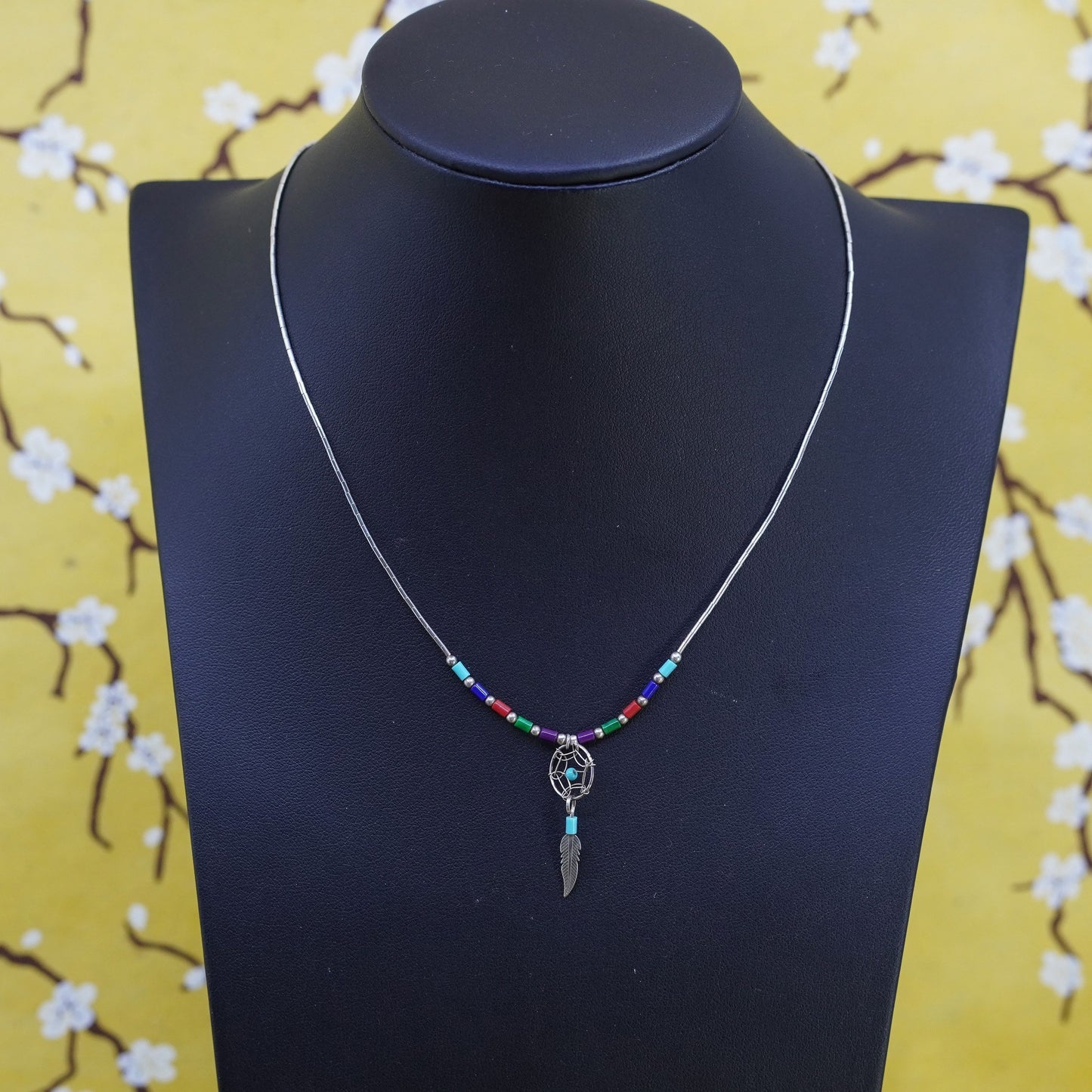 16”, Vintage Sterling 925 liquid silver necklace with turquoise feather pendant