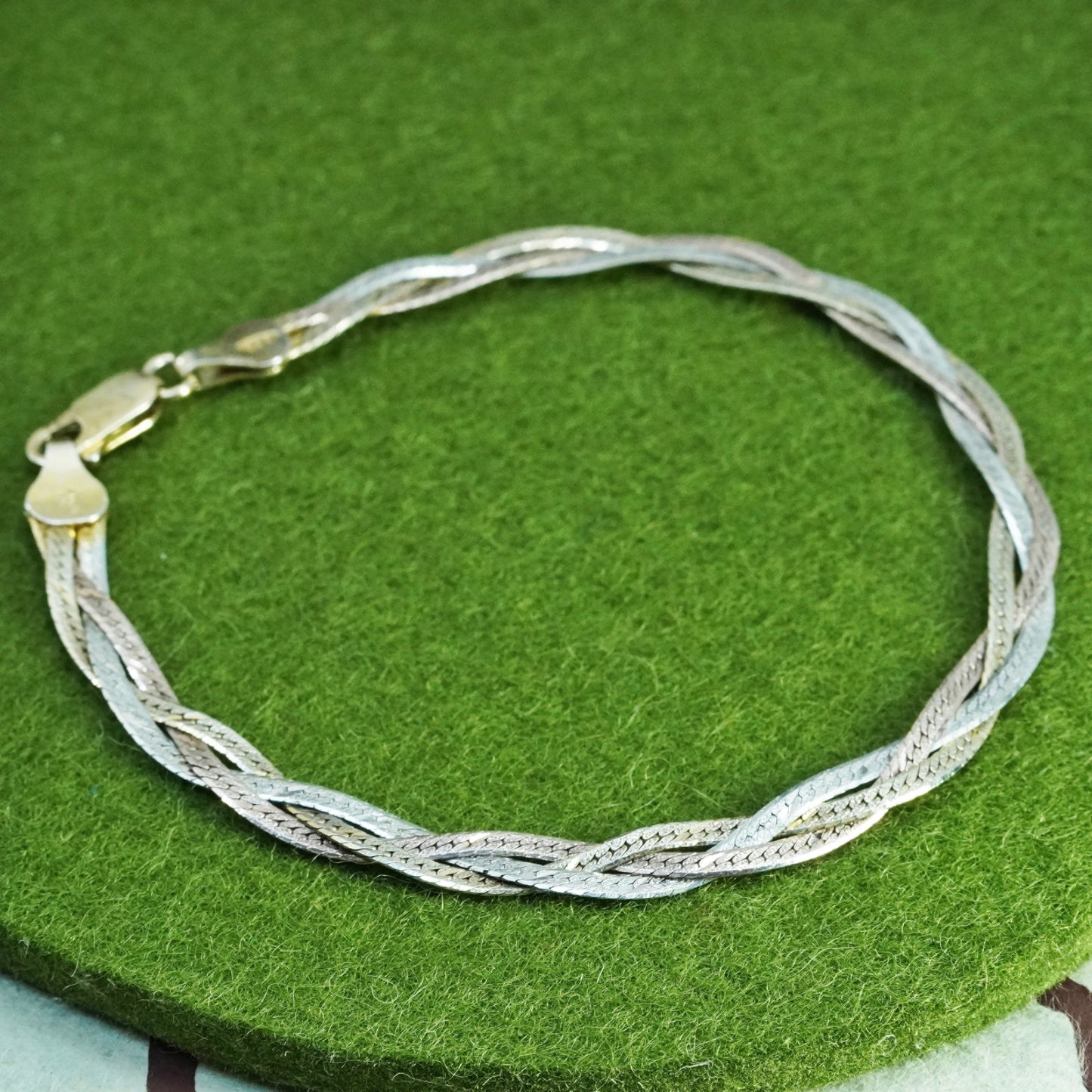 7.75”, vermeil gold over sterling silver bracelet, 925 woven herringbone chain