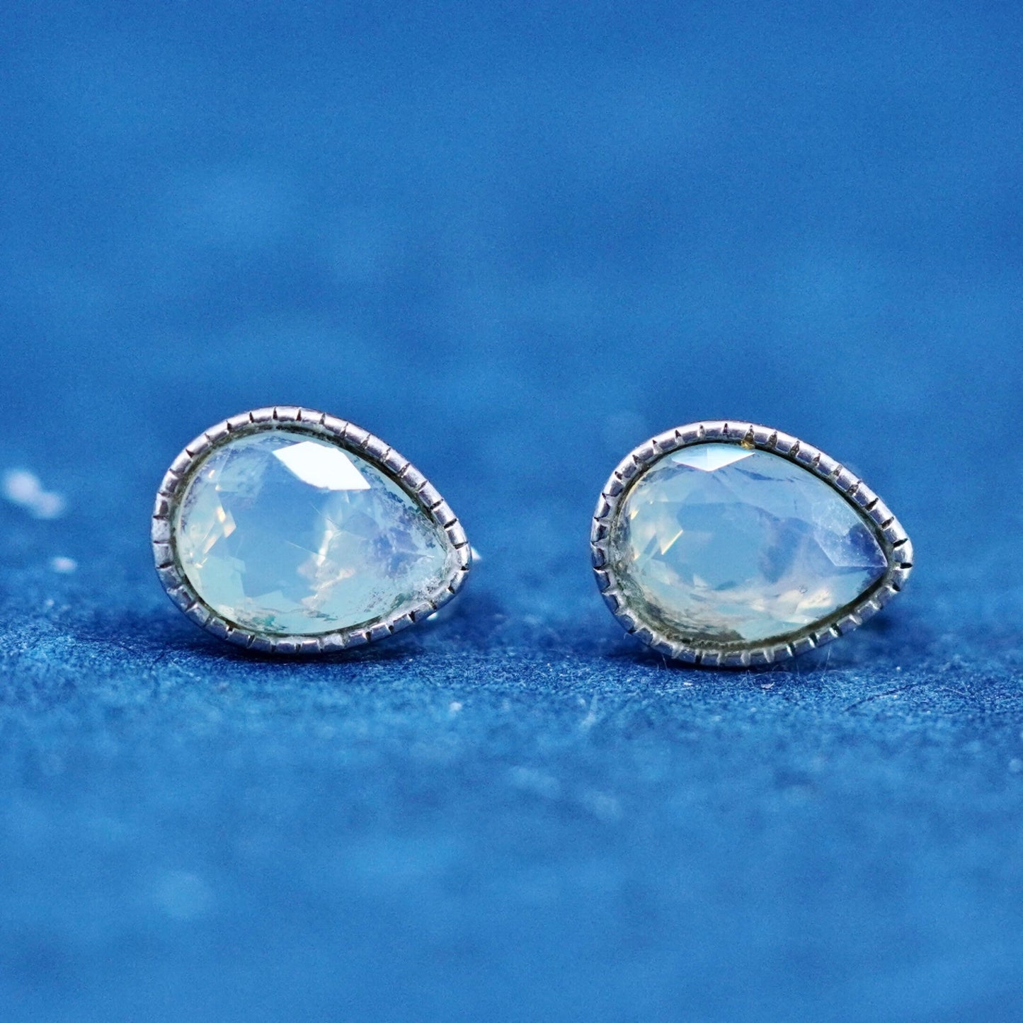 Vintage sterling silver handmade earrings, 925 heart studs with moonstone