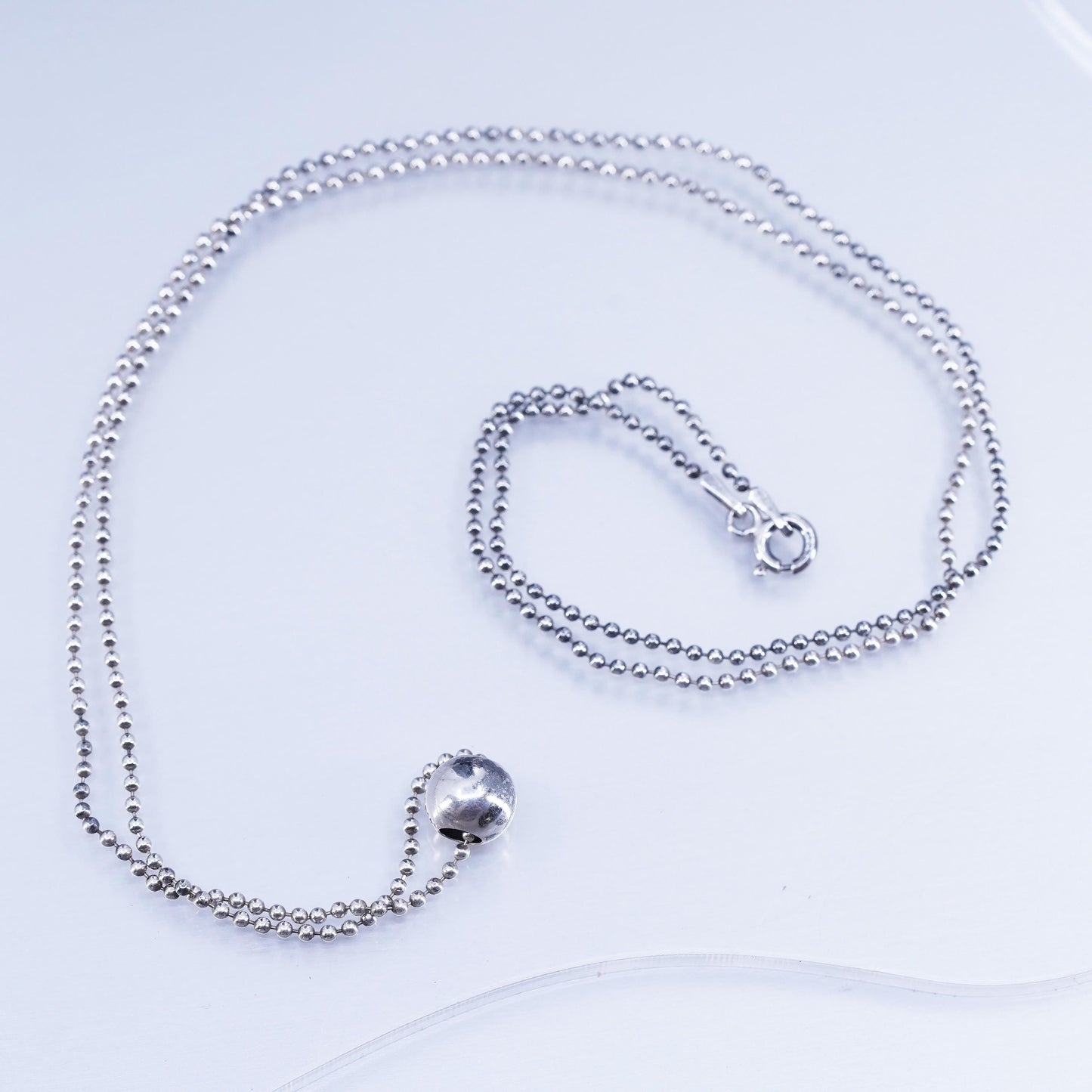 23” 1mm, vintage Italian Sterling 925 silver bead chain necklace with bead