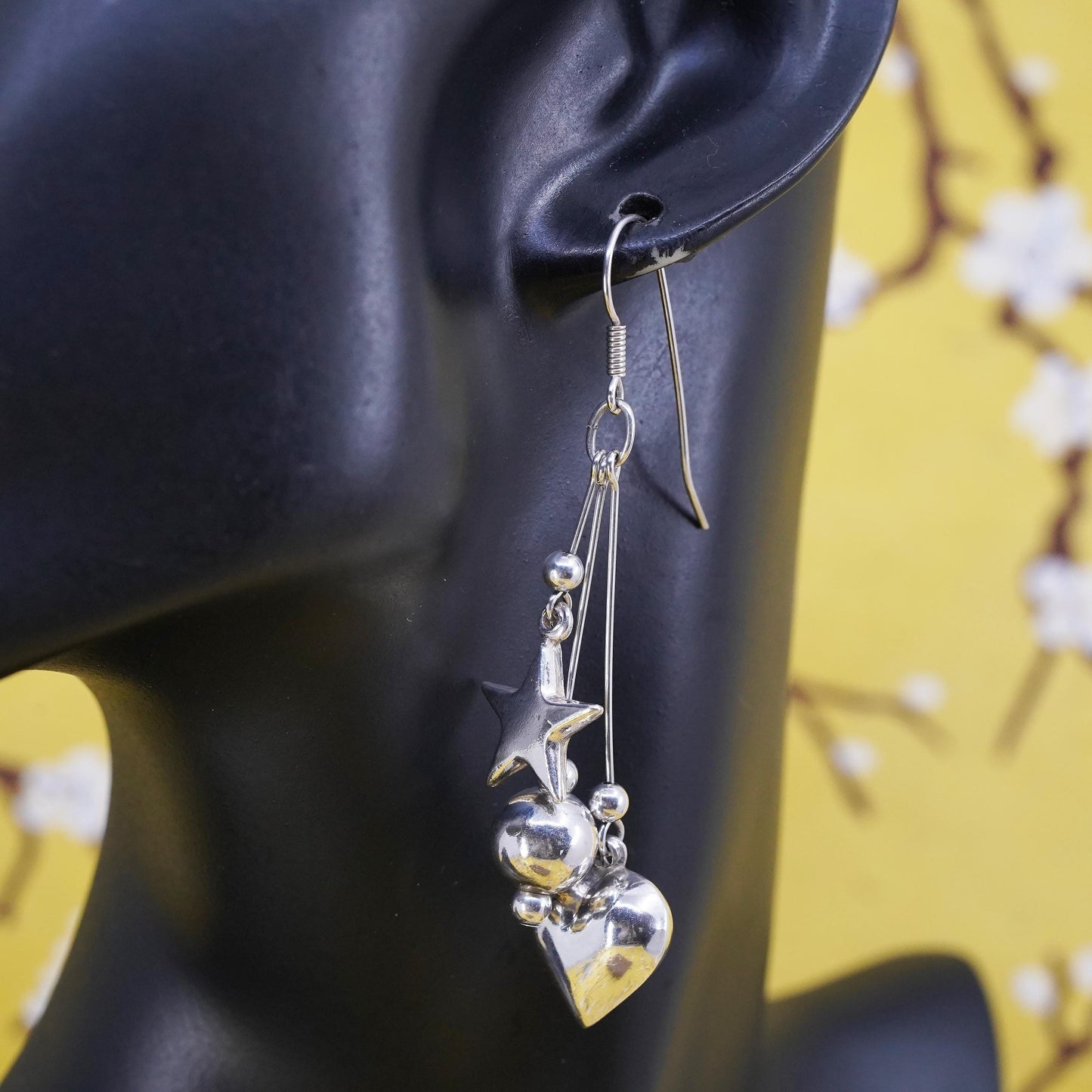 Vintage Sterling silver handmade earrings, 925 heart star bead dangles