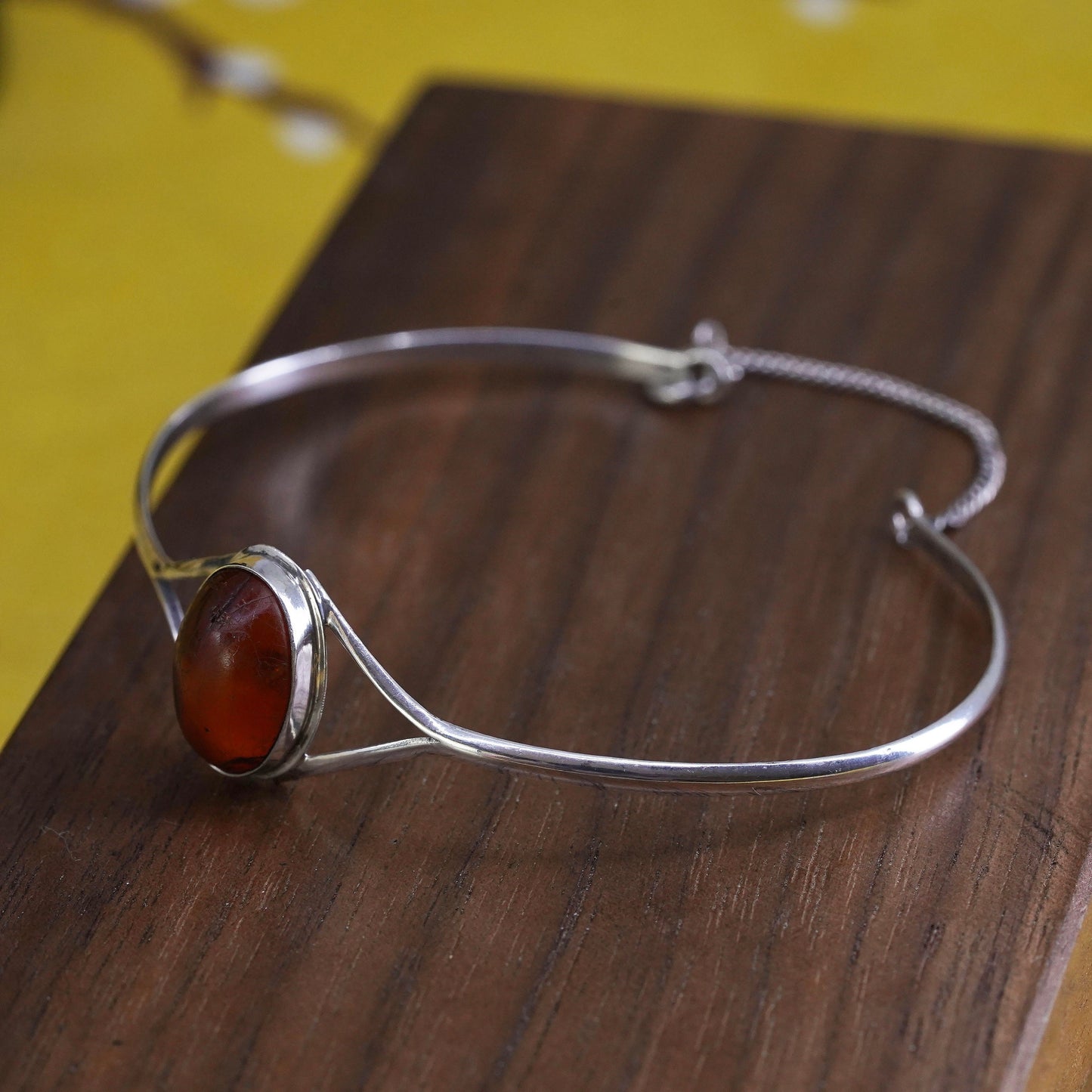 6.5”, Vintage Sterling silver handmade bracelet, 925 hinged bangle with amber
