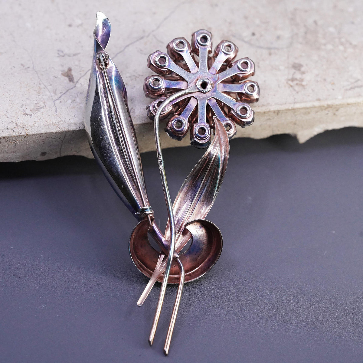 Sterling 925 Silver Crystal Rhinestone Flower Brooch Large Floral Bouquet Pin