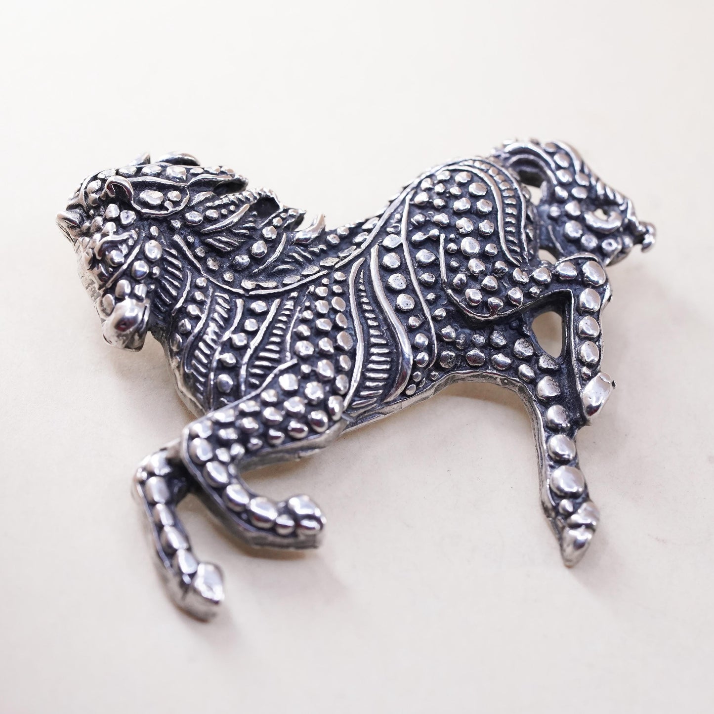 Vintage oxidized Sterling Silver Brooch 925 Pin, beaded horse Statement Jewelry