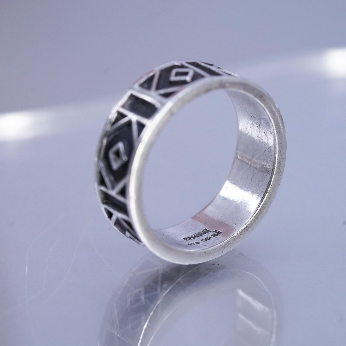SZ 12.5, Vintage Mexican Oxidized Sterling Silver Geometric Band Ring Modernist