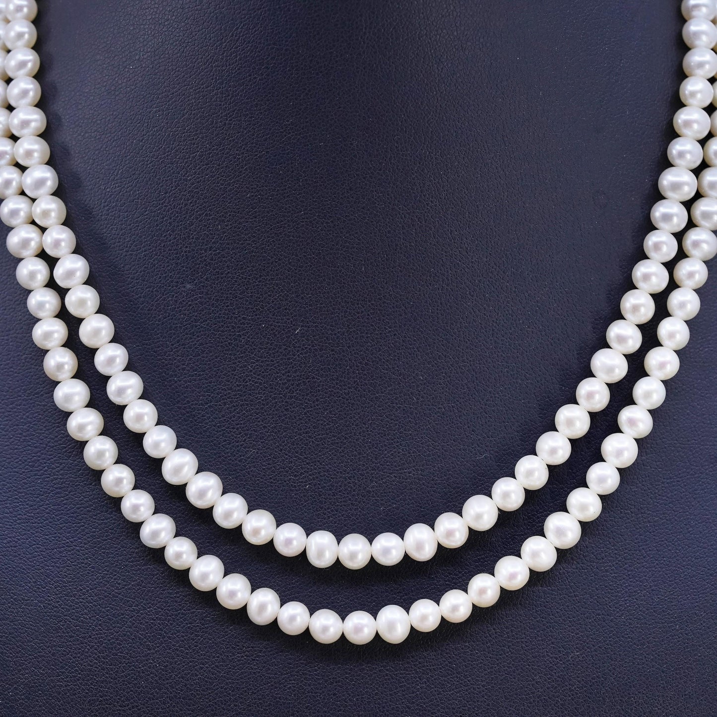 17", Sterling 925 silver double strands necklace 6mm white freshwater pearls