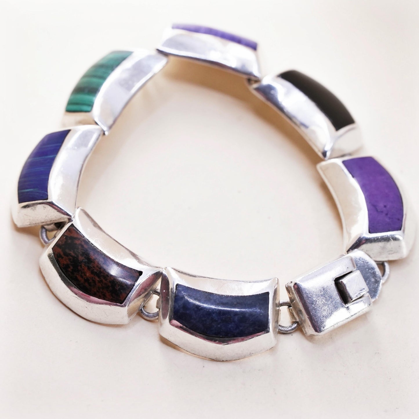 6.5", Vintage Mexican Sterling silver bracelet, 925 link with onyx malachite