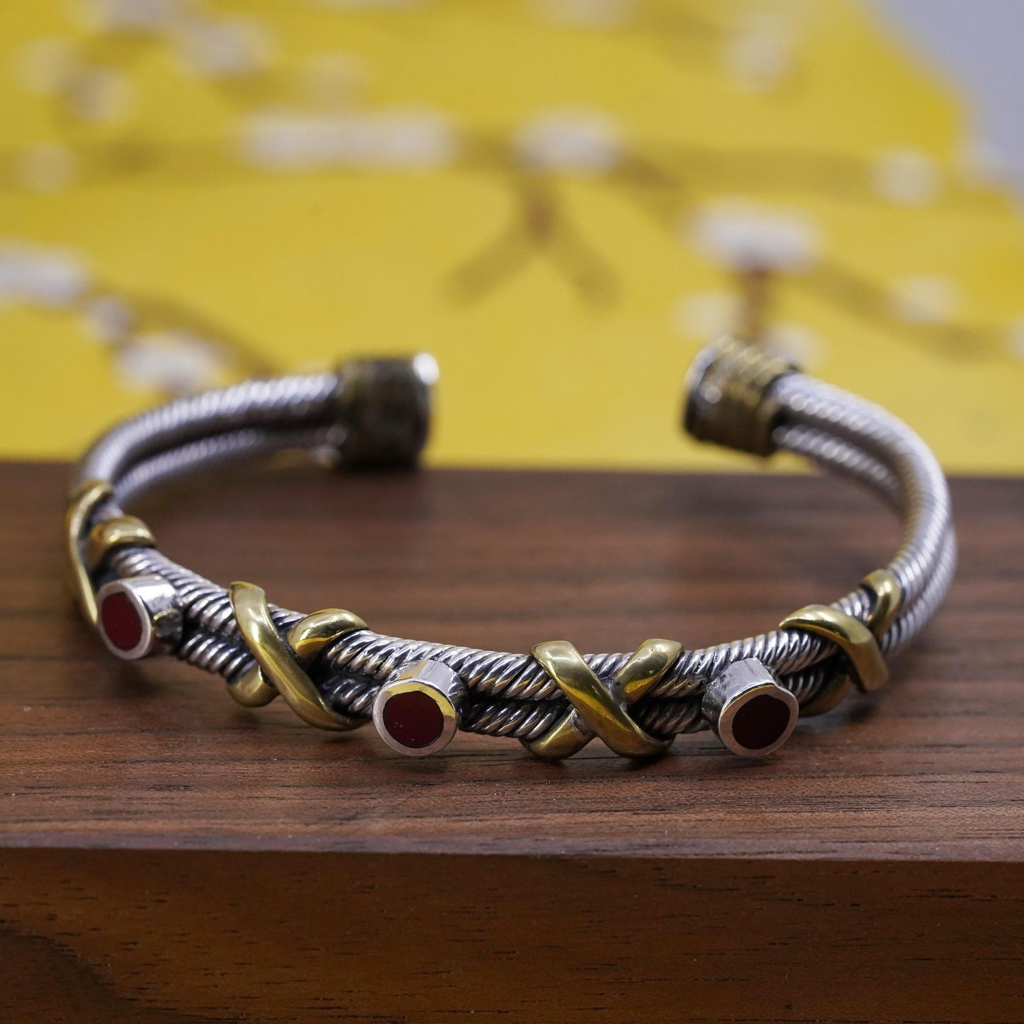6.75", Mexican sterling silver bracelet, 925 cable cuff brass cross red onyx