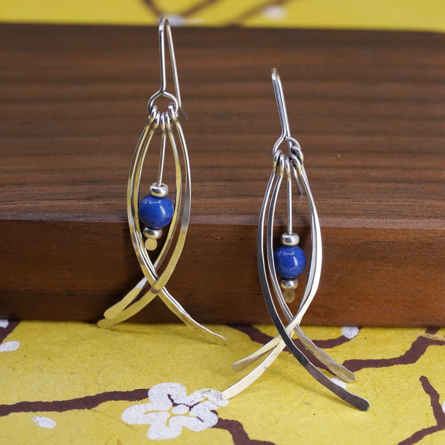 Vinatge Sterling 925 Silver Handmade fridge Earrings with lapis lazuli bead