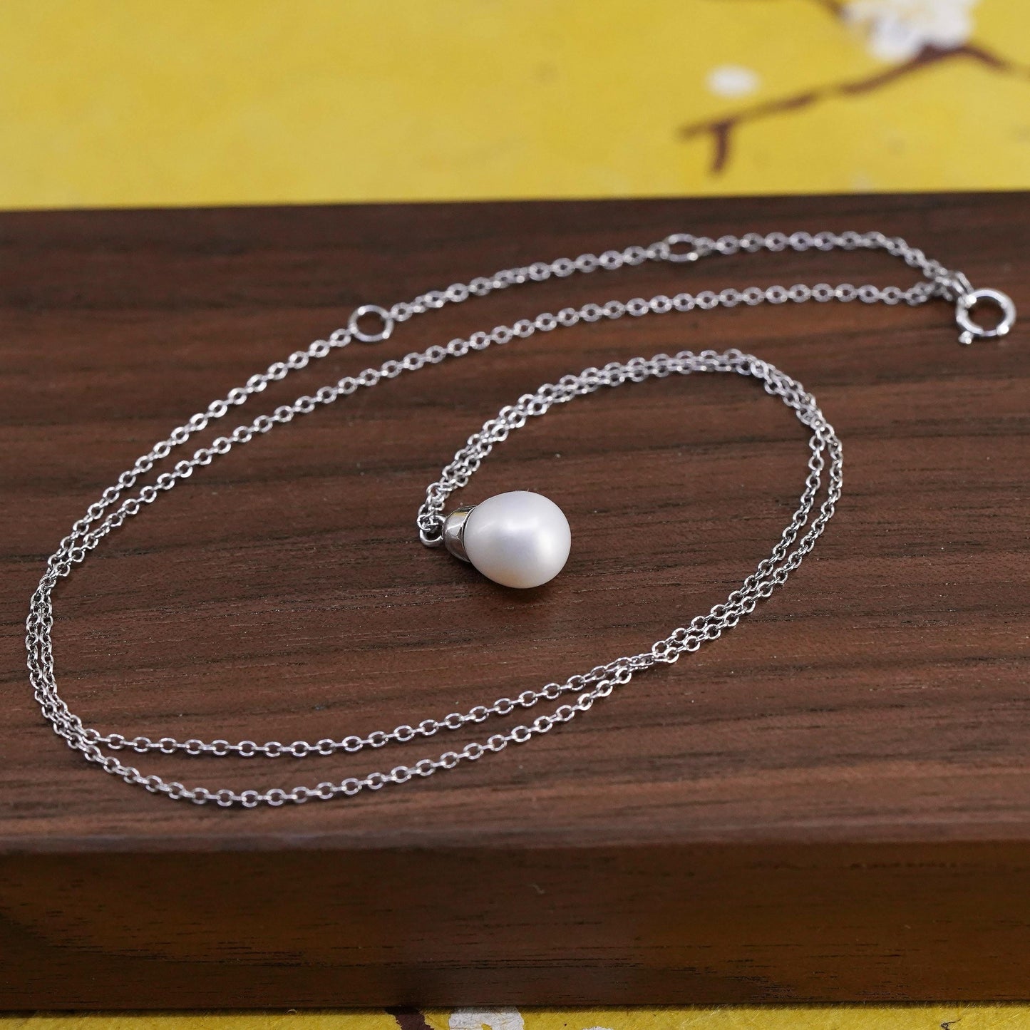 16+2”, vintage Sterling silver necklace, 925 circle chain with pearl pendant