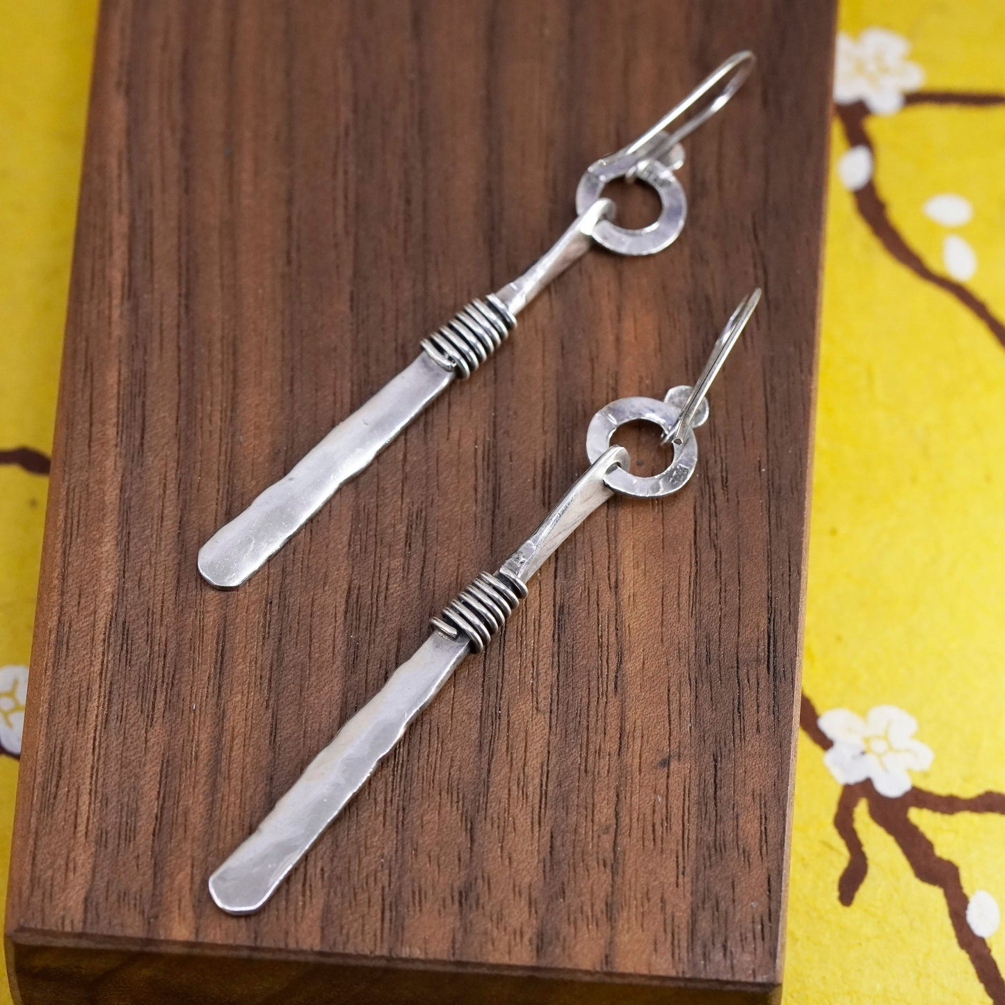 Vintage Mexico Sterling silver handmade earrings, 925 Hammered long dangles
