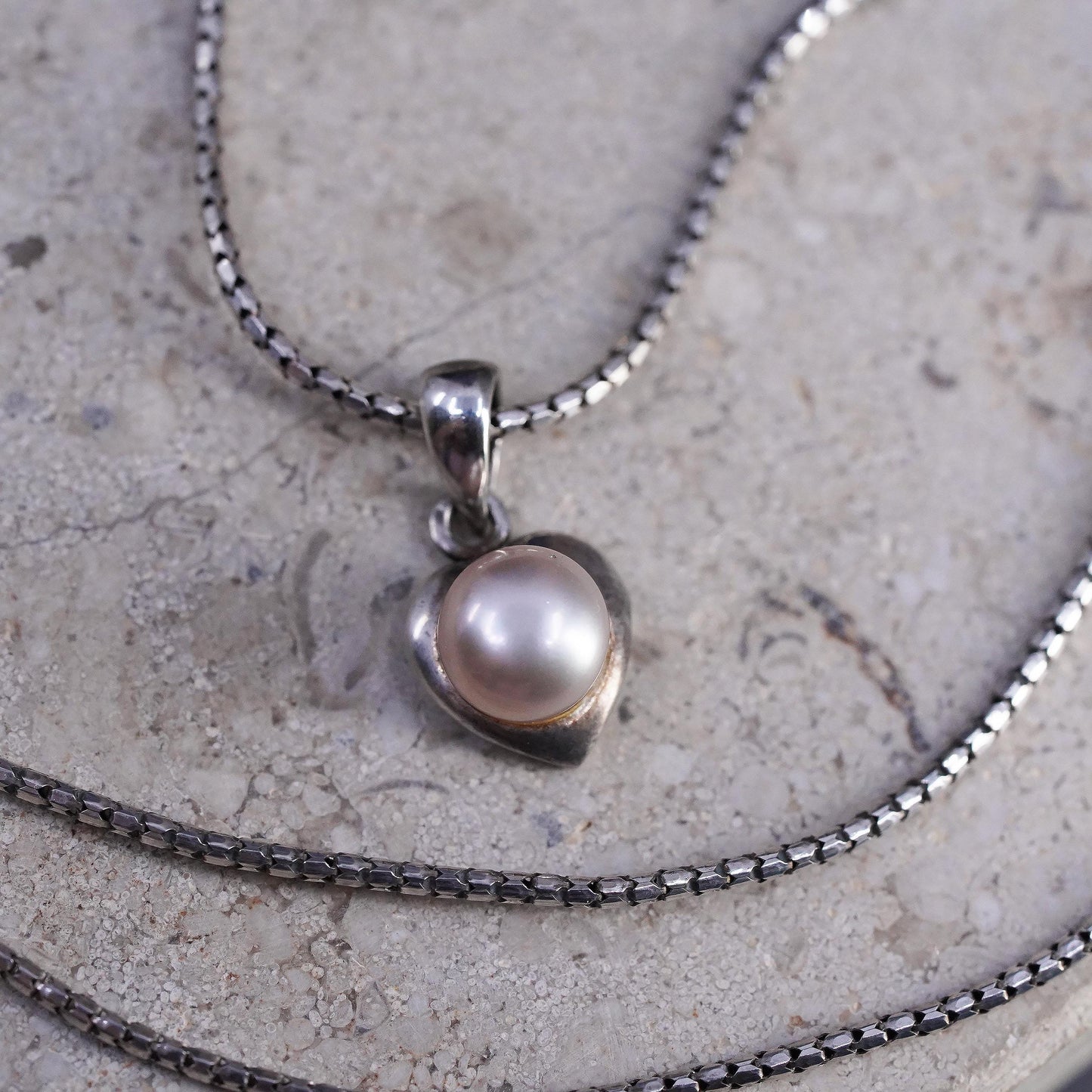 18", vintage sterling silver necklace, 925 snake chain with heart pearl pendant