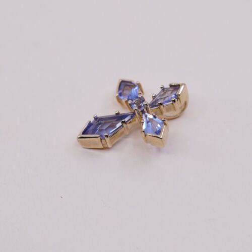 Vermeil gold over Sterling silver handmade pendant, 925 cross w/ Blue Cz
