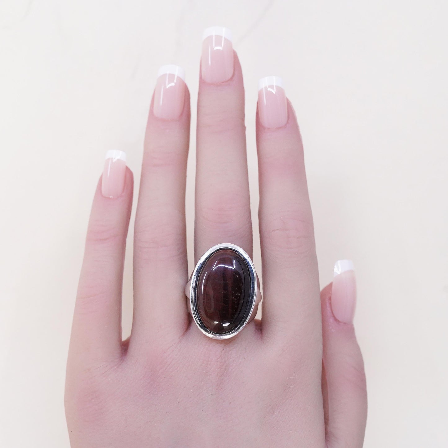 Size 8.25, Ella 925 Sterling Silver Red Tiger Eye Ring, Large Oval Ring, Unisex