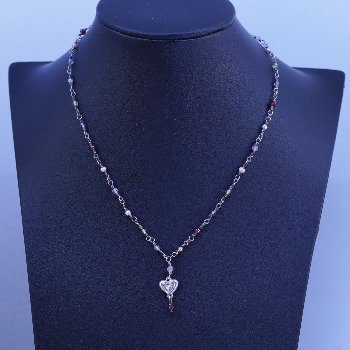 16”, Sterling 925 silver handmade necklace w/ pearl garnet beads heart pendant