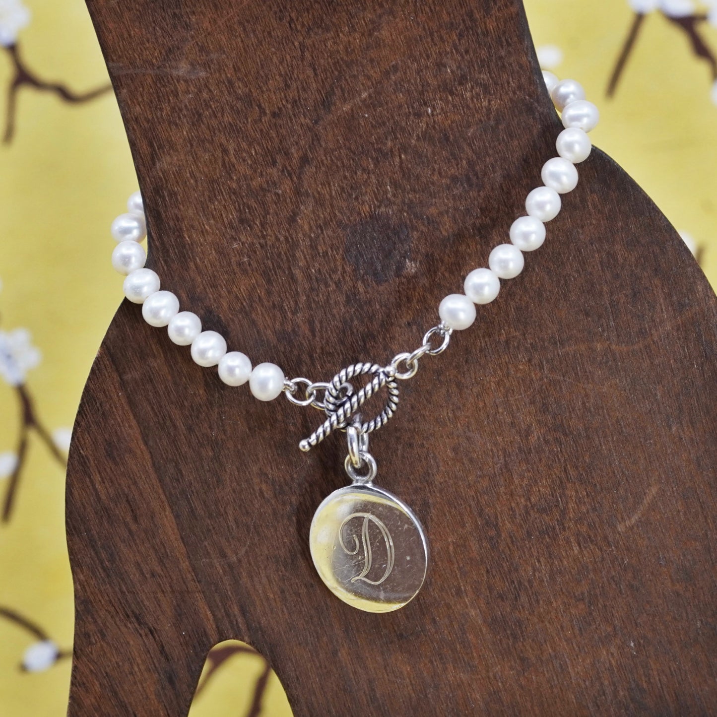 6.25”, Sterling silver handmade bracelet, freshwater pearl 925 charm engraved D