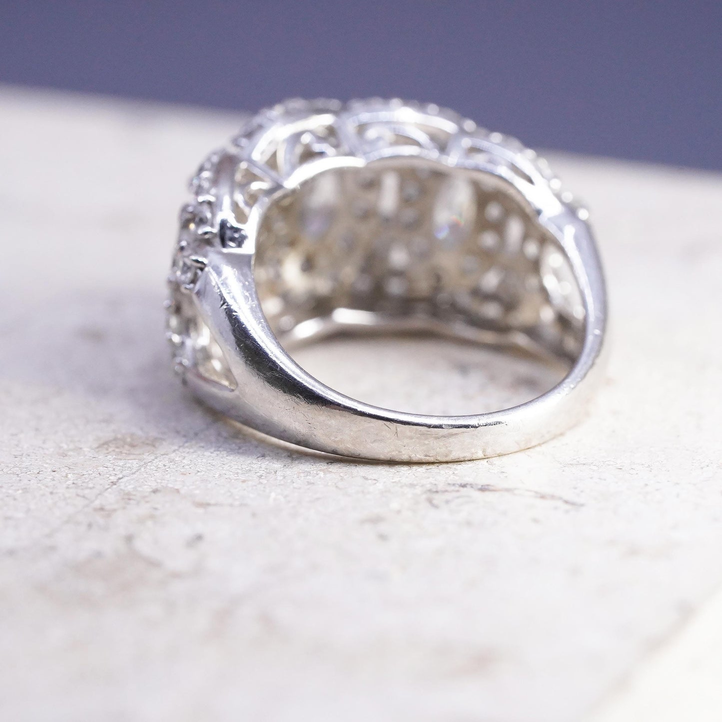 Size 8, Vintage 925 Sterling Silver CZ Marquise Cluster Ring Sparkling Cocktail