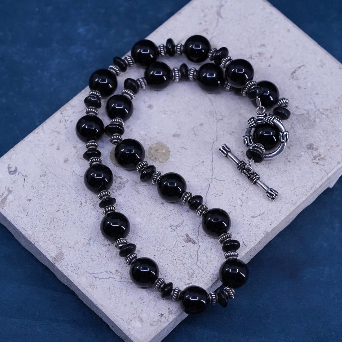 18”, Sterling silver handmade necklace, 925 toggle closure 12mm obsidian bead