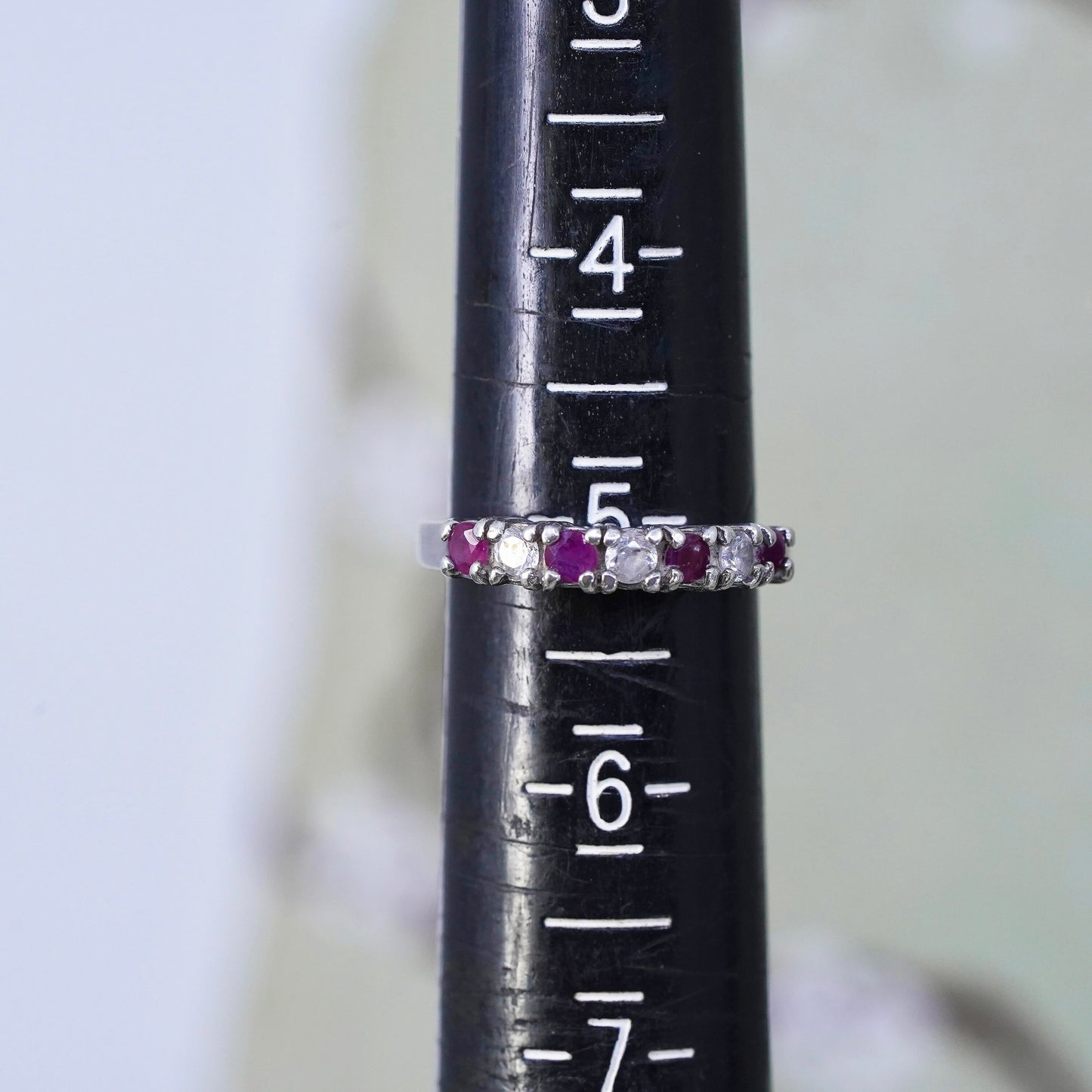 Size 5, vintage Sterling silver handmade ring, 925 stackable band ruby and cz