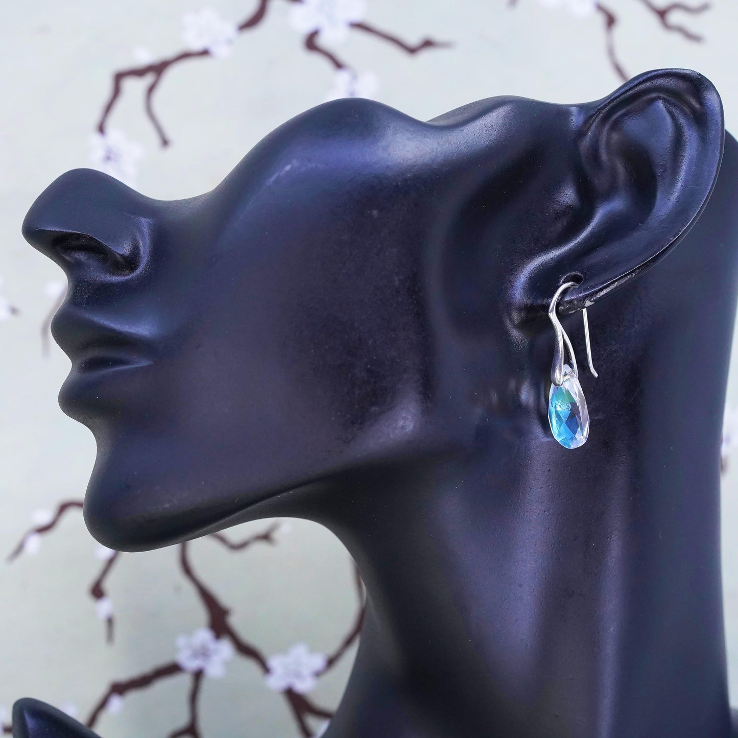 Vintage sterling 925 silver handmade earrings with teardrop rainbow crystal