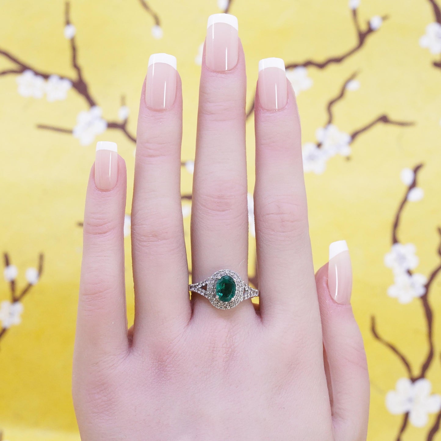 Size 9.25, Halo Green Emerald Sterling Silver 925 Split Shank Cocktail Ring