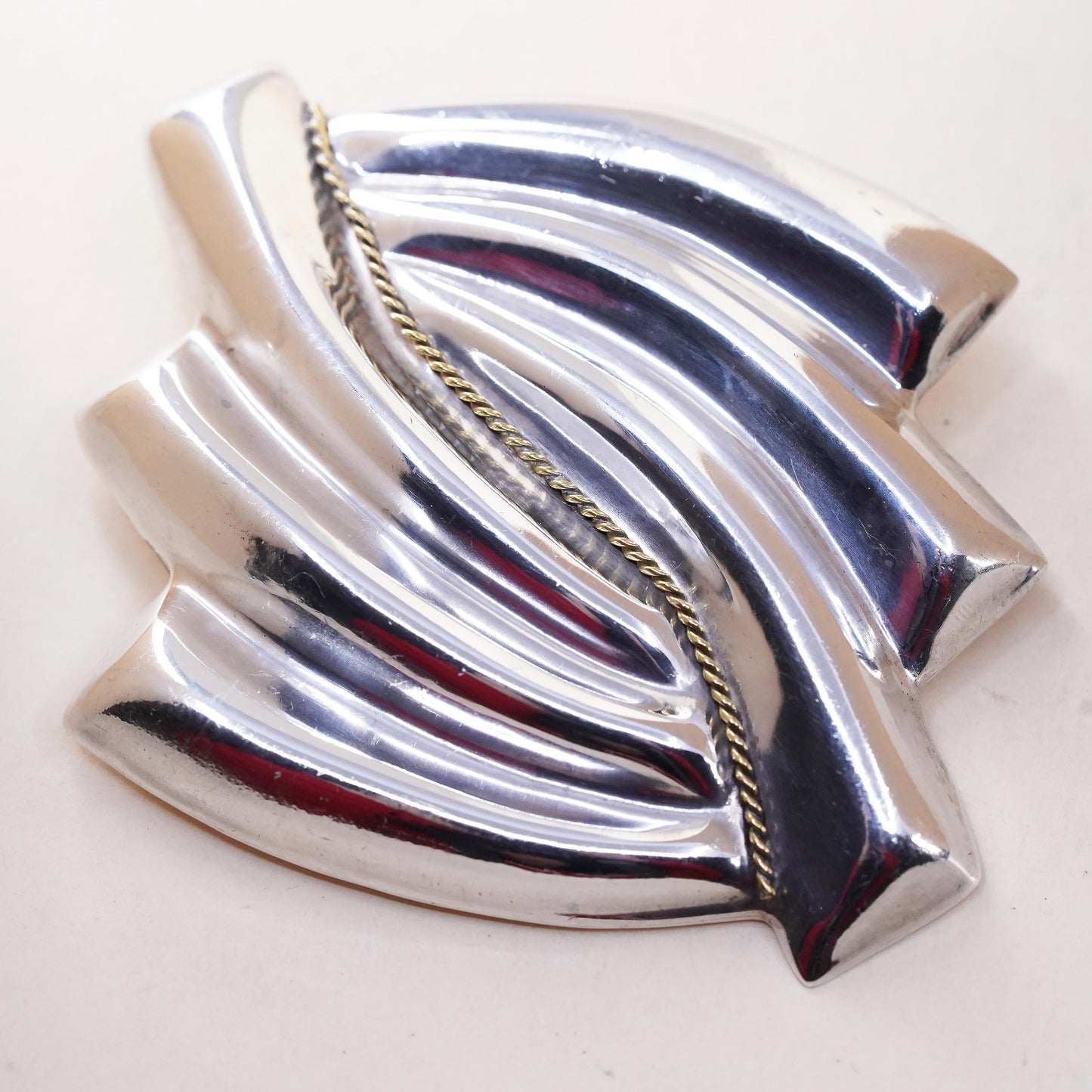 VTG two tone Mexican Sterling silver brooch Ribbed 925 square modernist pendant