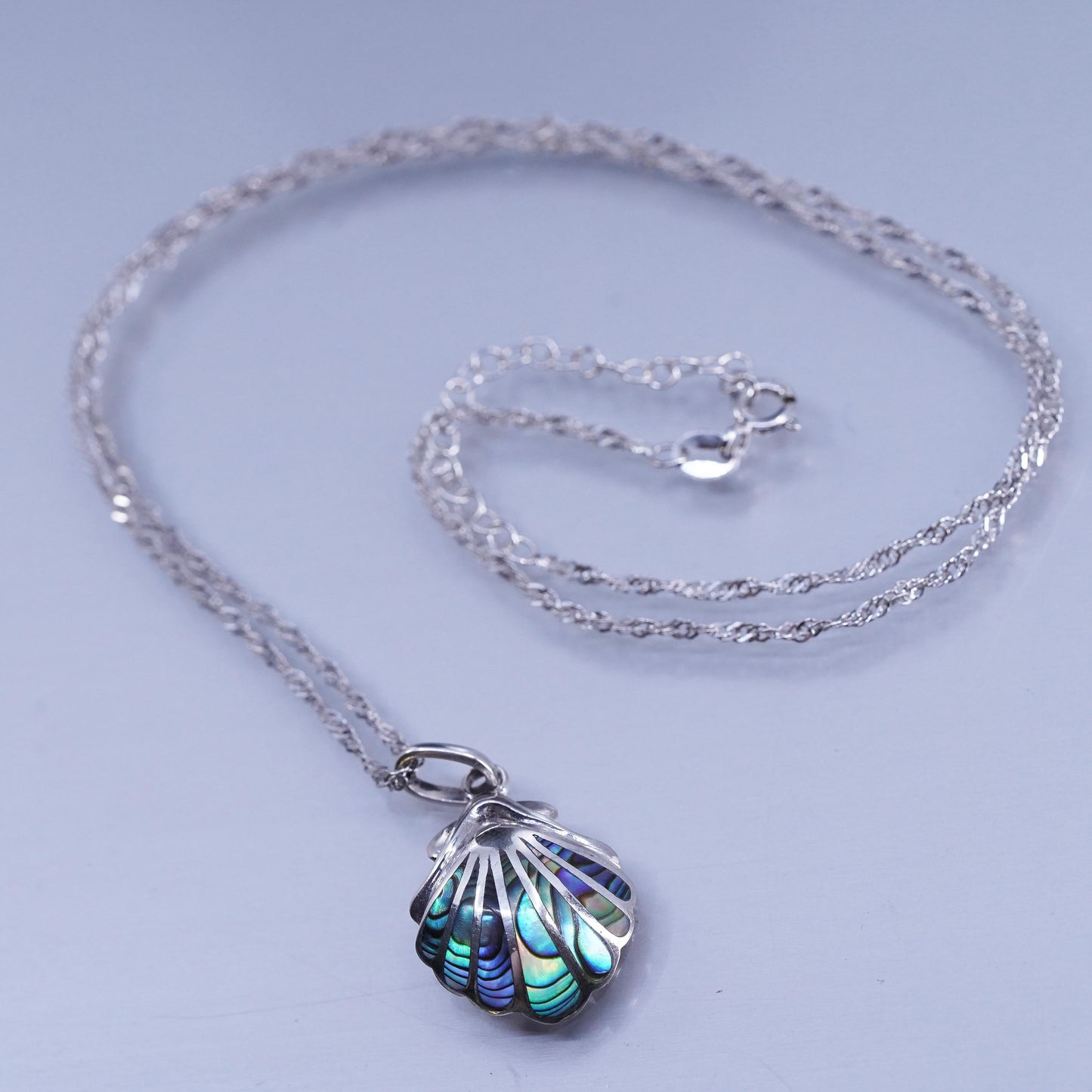17+2” Sterling 925 silver Singapore rope chain necklace abalone shell pendant