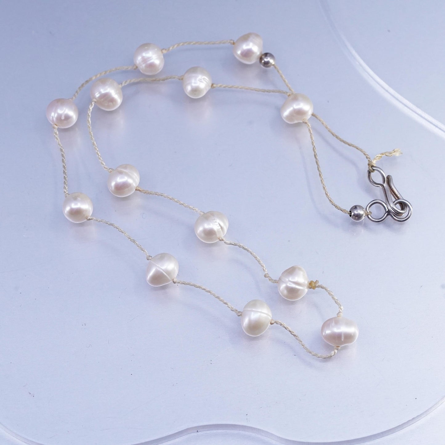 16" Vintage Sterling 925 silver necklace with 8mm freshwater Pearl linen thread