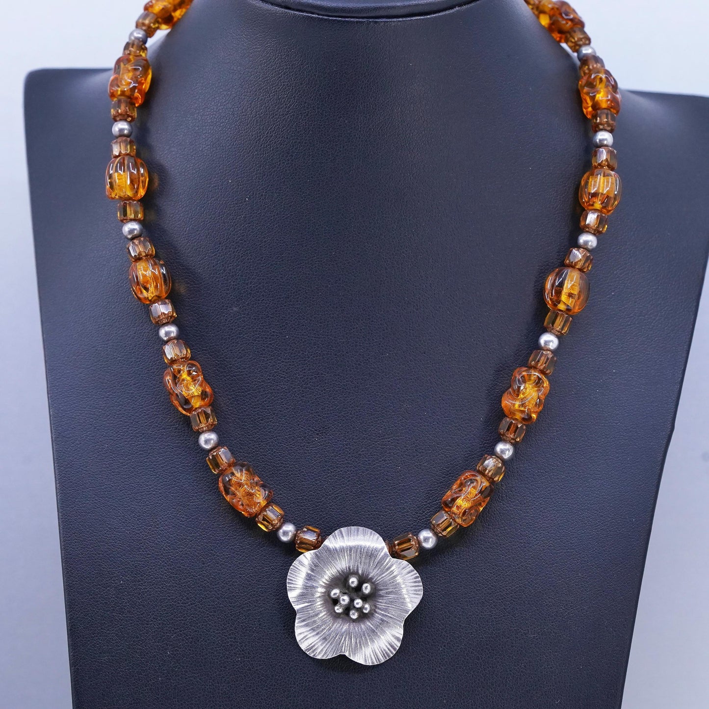 17", 925 Sterling 925 Silver Necklace with Amber beads and flower pendant