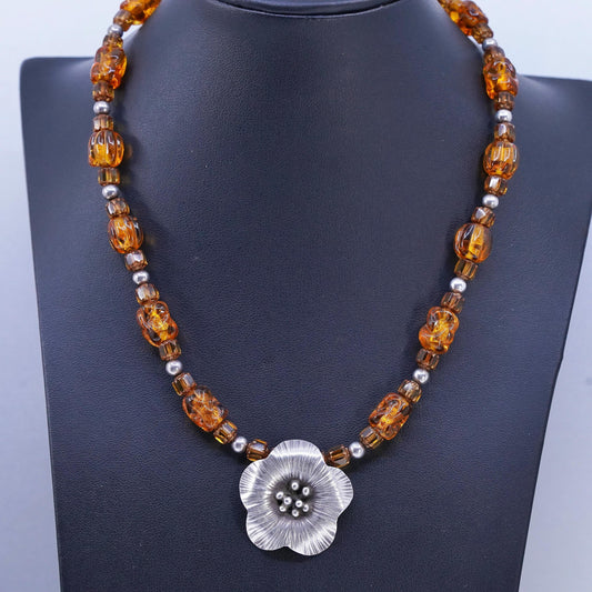 17", 925 Sterling 925 Silver Necklace with Amber beads and flower pendant
