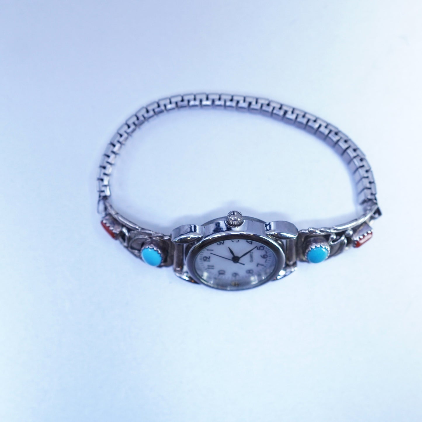 6”, Navajo Richard Begay Quartz Watch Sterling 925 silver turquoise coral Face