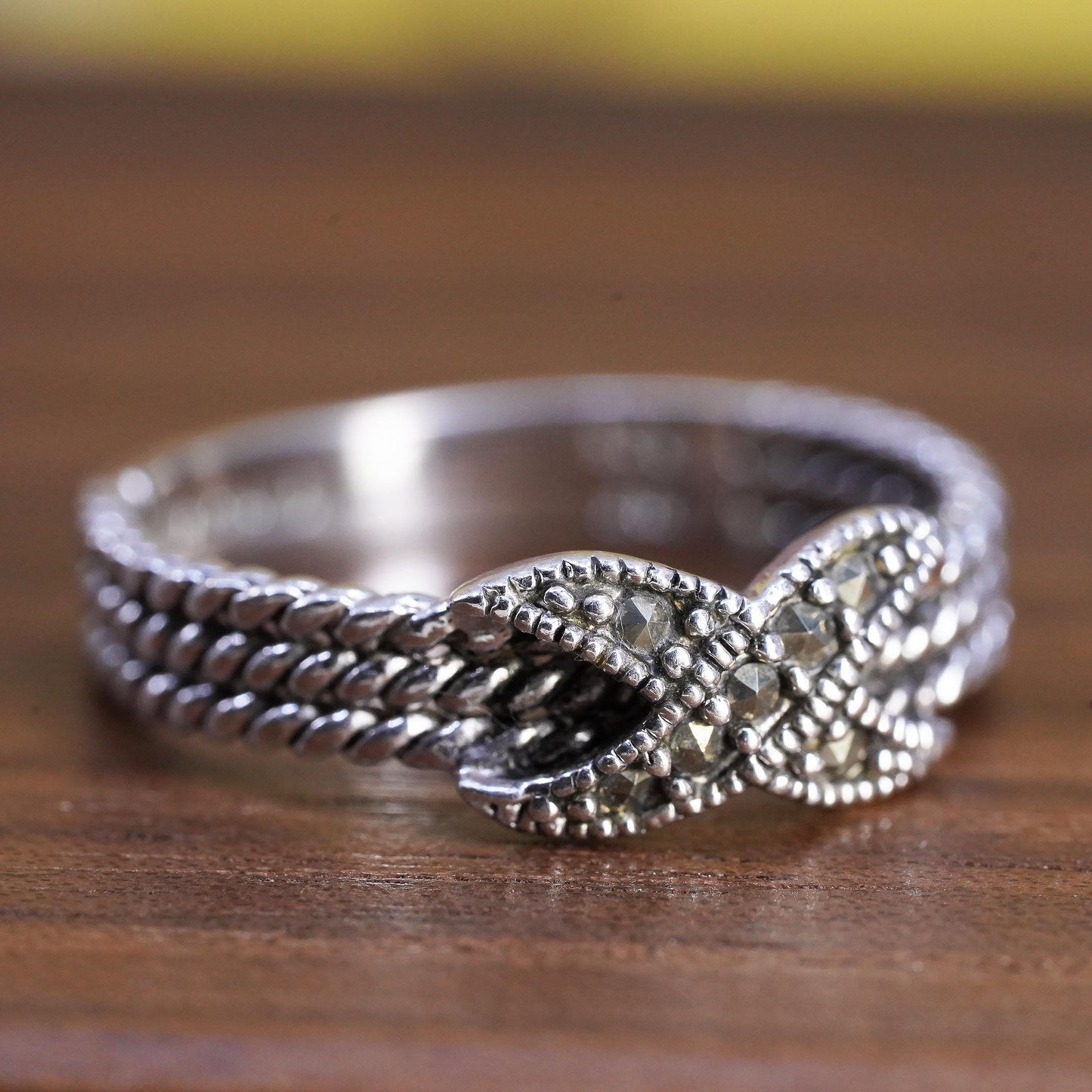 Size 8, Sterling Silver Marcasite Infinity Knot Ring, Rope Band, Art Deco Ring